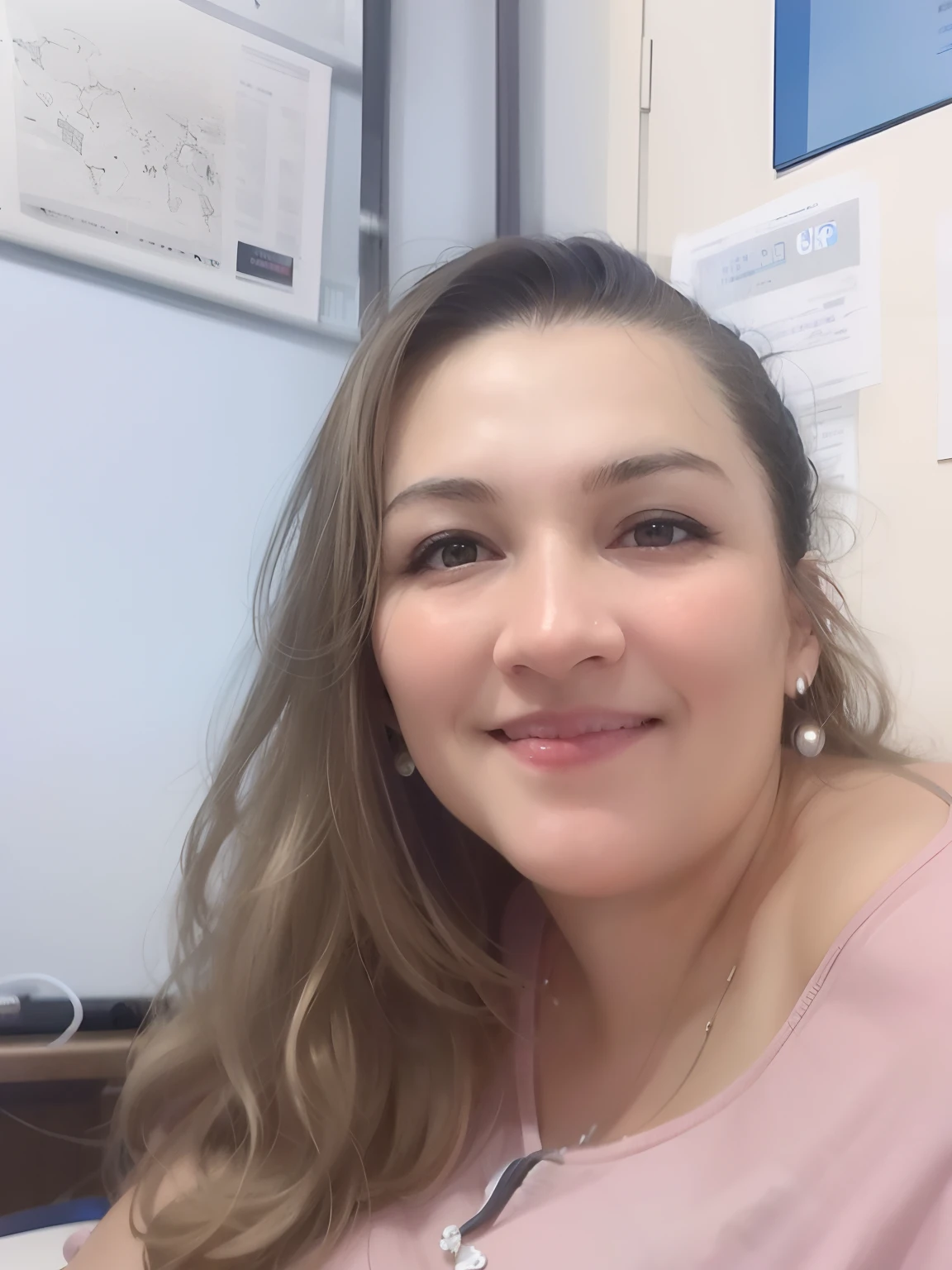 Smiling woman with long light hair sitting at desk in office, tatiane Moraes, 38 anos.