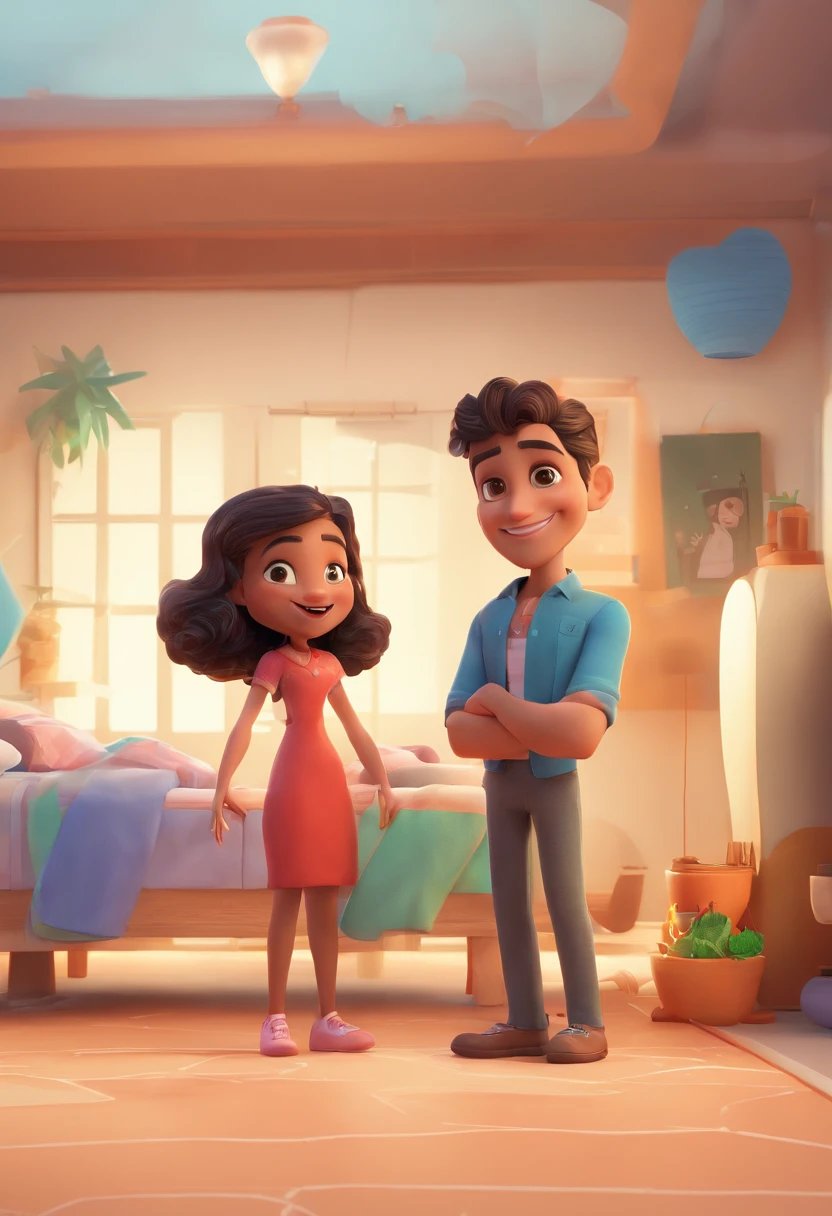 An illustration of an adorable couple, destacando um homem e uma mulher com bonito, Expressive eyes – the man's skin is black and the man's hair is bald and black, while the woman's skin is black and the woman's hair is curly and brown. They are a bright room, cada um com um sorriso no rosto, e compartilhar um momento especial caracterizado pelo amor, arroz, e insights educacionais. Illustrate this scene from a perspective where they are facing away from the camera, Showing Your Connection. Desenvolva esta arte em Full HD, Focus on your cinematic touch, Estilo Disney Pixar Animations