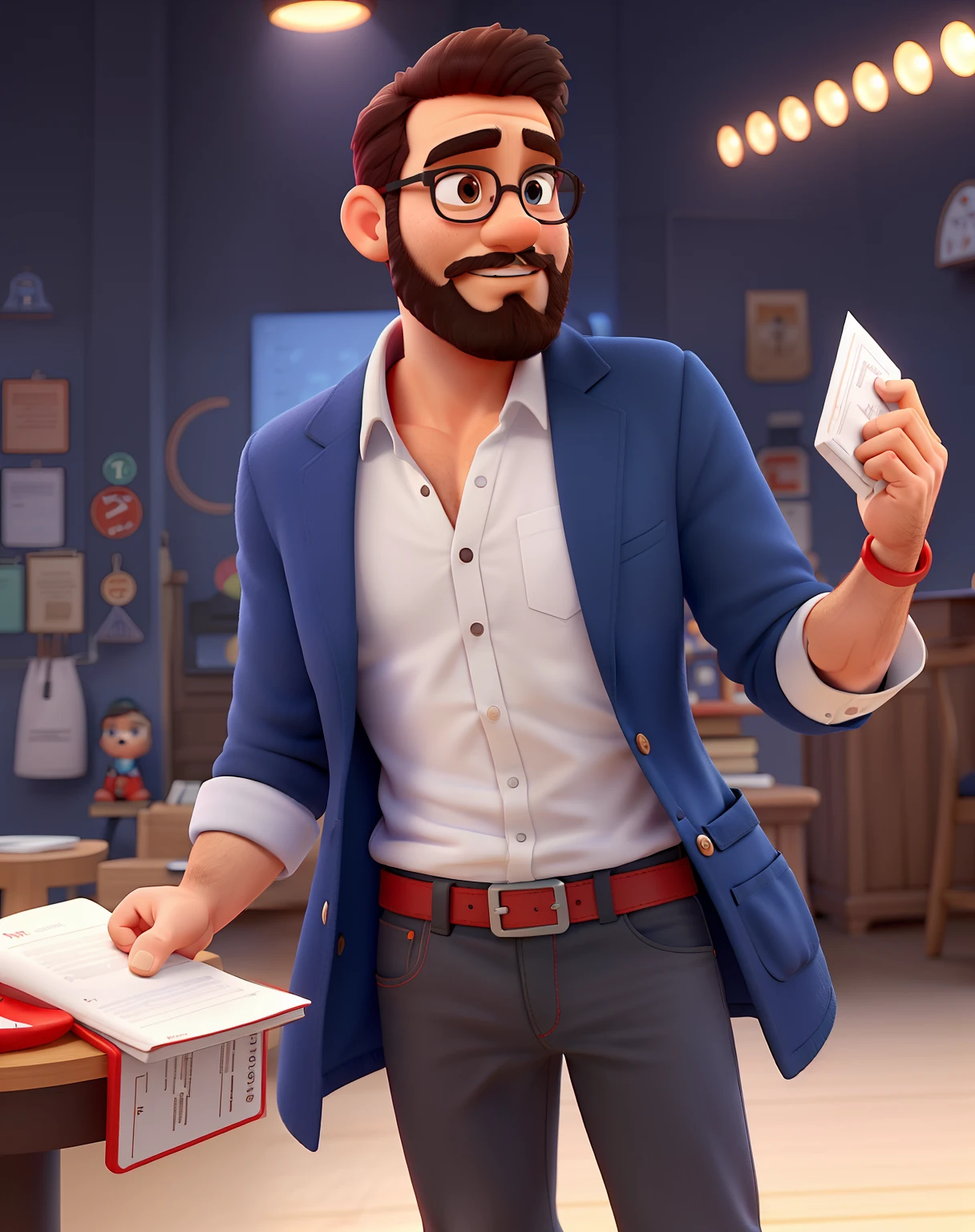 Pode melhorar barba mais rala com uns fios brancos, Make the full body appearing white red shoes. Man stands on black background on a speaker-like stage with microphone in one hand and book in the other in Disney pixar style best quality, maior qualidade.