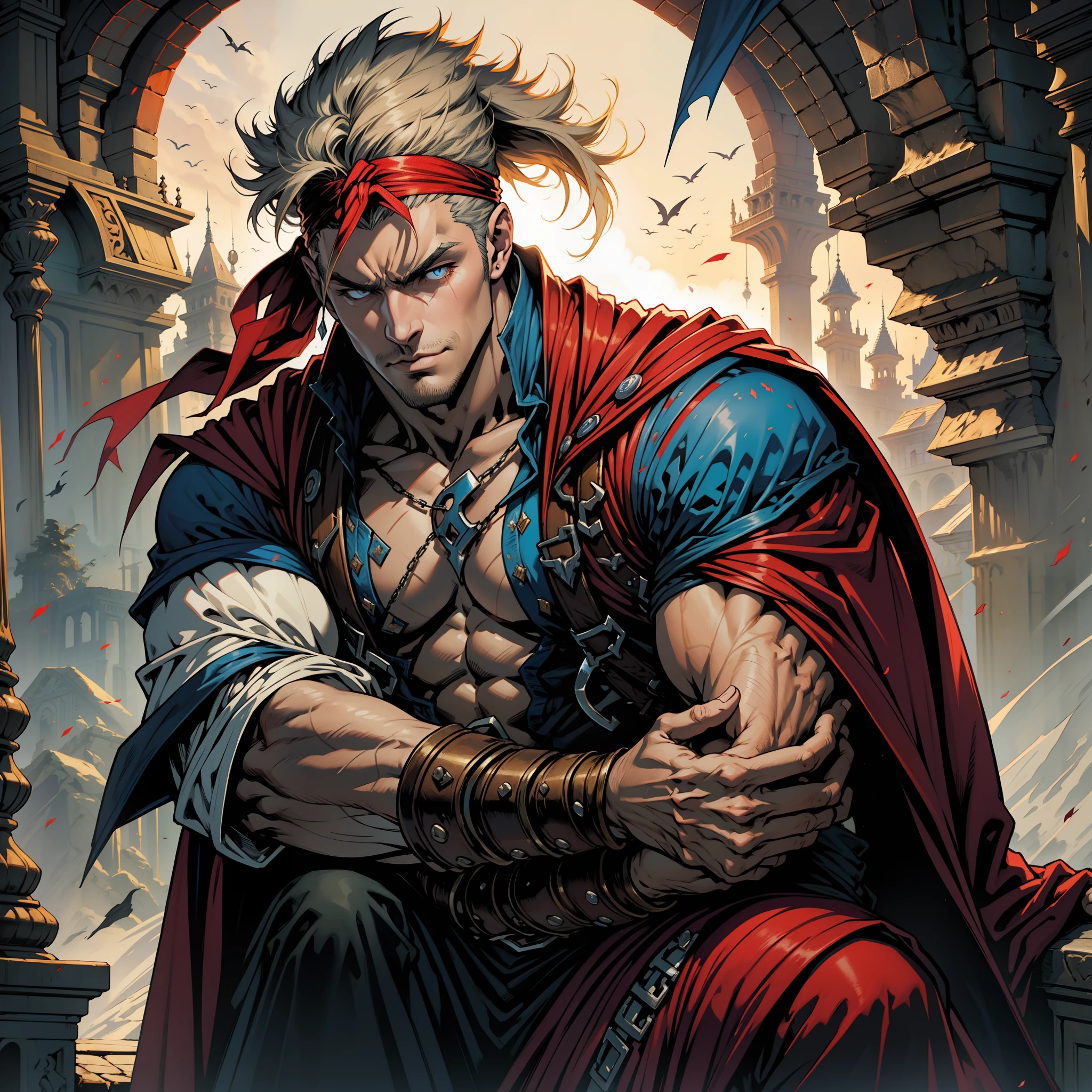 Castlevania seigneur de l’ombre hyper réaliste super détaillé hokuto no ken kenshiro style musclé rouge turban marocain Castlevania Lord correct humain Anatomy coorect hands