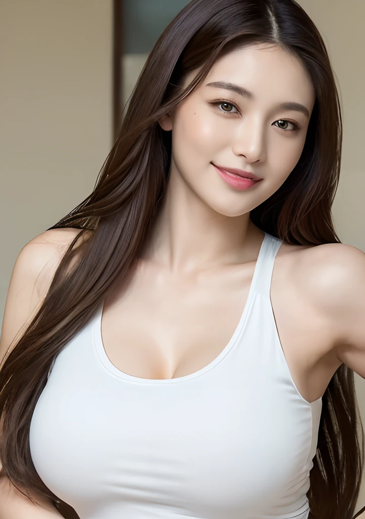 ((Best quality, 8k, Masterpiece :1.3)), 1girl, beautiful woman with emphasis on slender abs: 1.3, (long hair, big breasts: 1.2), oversized tank top: 1.2, ultra-delicate face, delicate eyes, double eyelids, smile, home