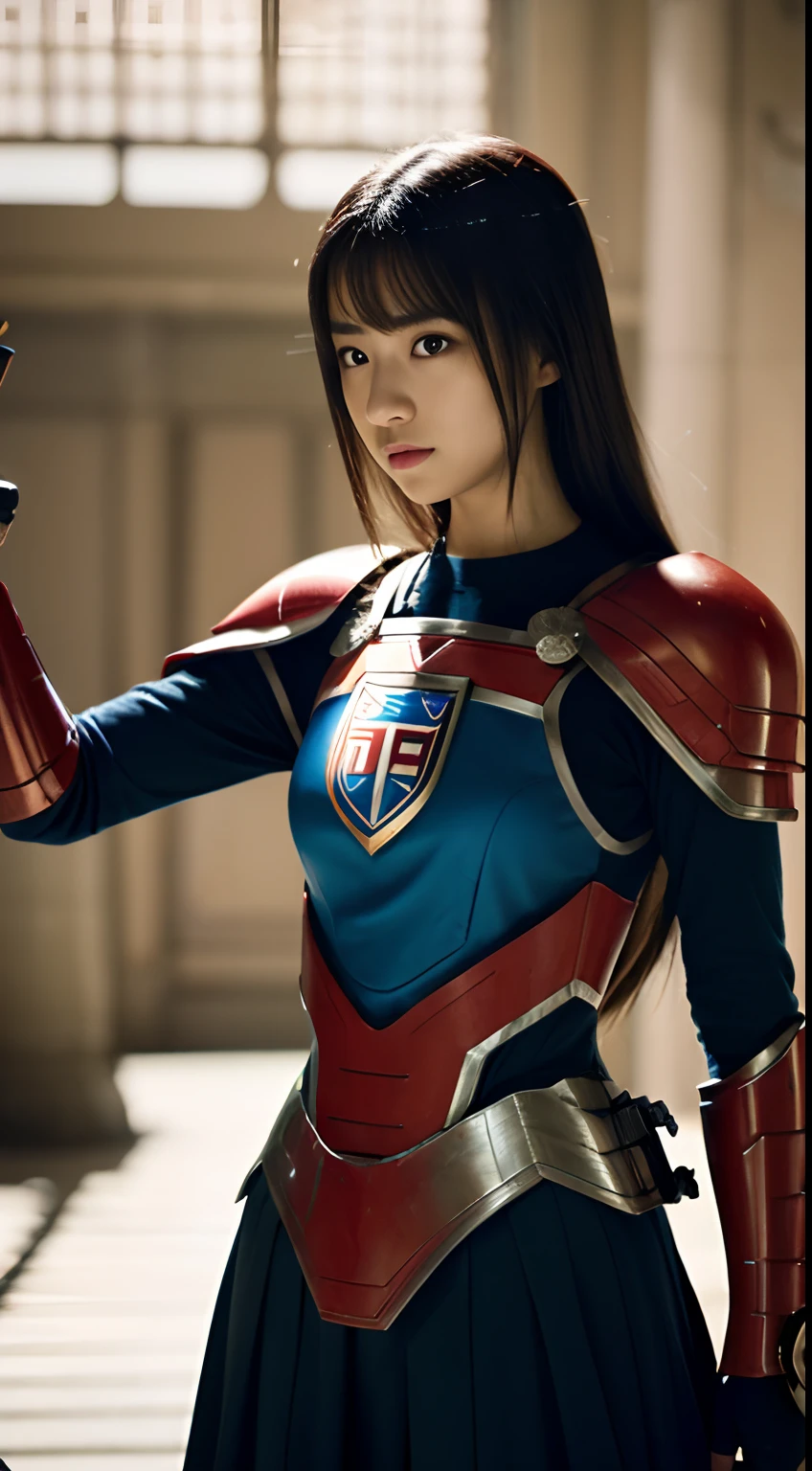 1girl in, beautfull Japanease woman,(((super girl))), (Armor equipment),(Holding a sword in his right hand),(Shield on left arm),Convoluted,Cinematic, cinematic lightin,Dynamic Poses