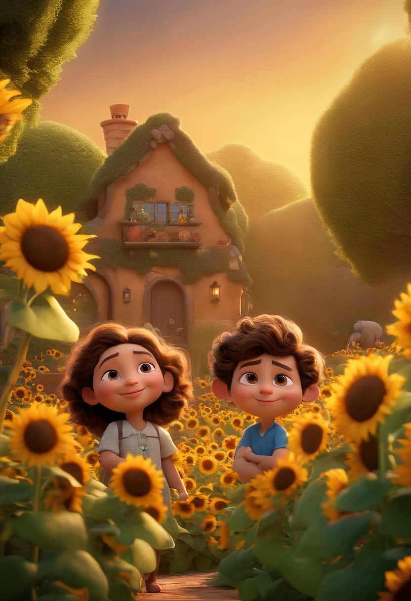 Create a Disney PIXAR-style 3D poster. ((centro da imagem, Triplets)), ((3 children)) ((1 menino no meio e 2 meninas ao lado, They're hugging each other, O menino tem pele castanha e cabelos castanhos escuros e olhos castanhos escuros, 1 menina tem pele clara, olhos e cabelos escuros e cacheados, e a outra menina tem pele morena, olhos escuros e cabelos escuros e lisos)) ((tudo isso no estilo Disney PIXAR 3D, In the background, A house of sunflowers, Gloria Studio, The garden is full of nature 3D render RTX clay material, estilo de design cartunesco, POP Mart, soft lighting, linhas suaves, Spring tilt, Detailed illustrations of PIXAR 3D, Detalhes hiper-realistas, cor quente no estilo Disney PIXAR 3D))
