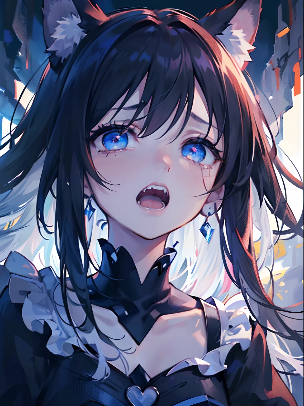 Anime girl with blue eyes and black hair with a cat ears - SeaArt AI