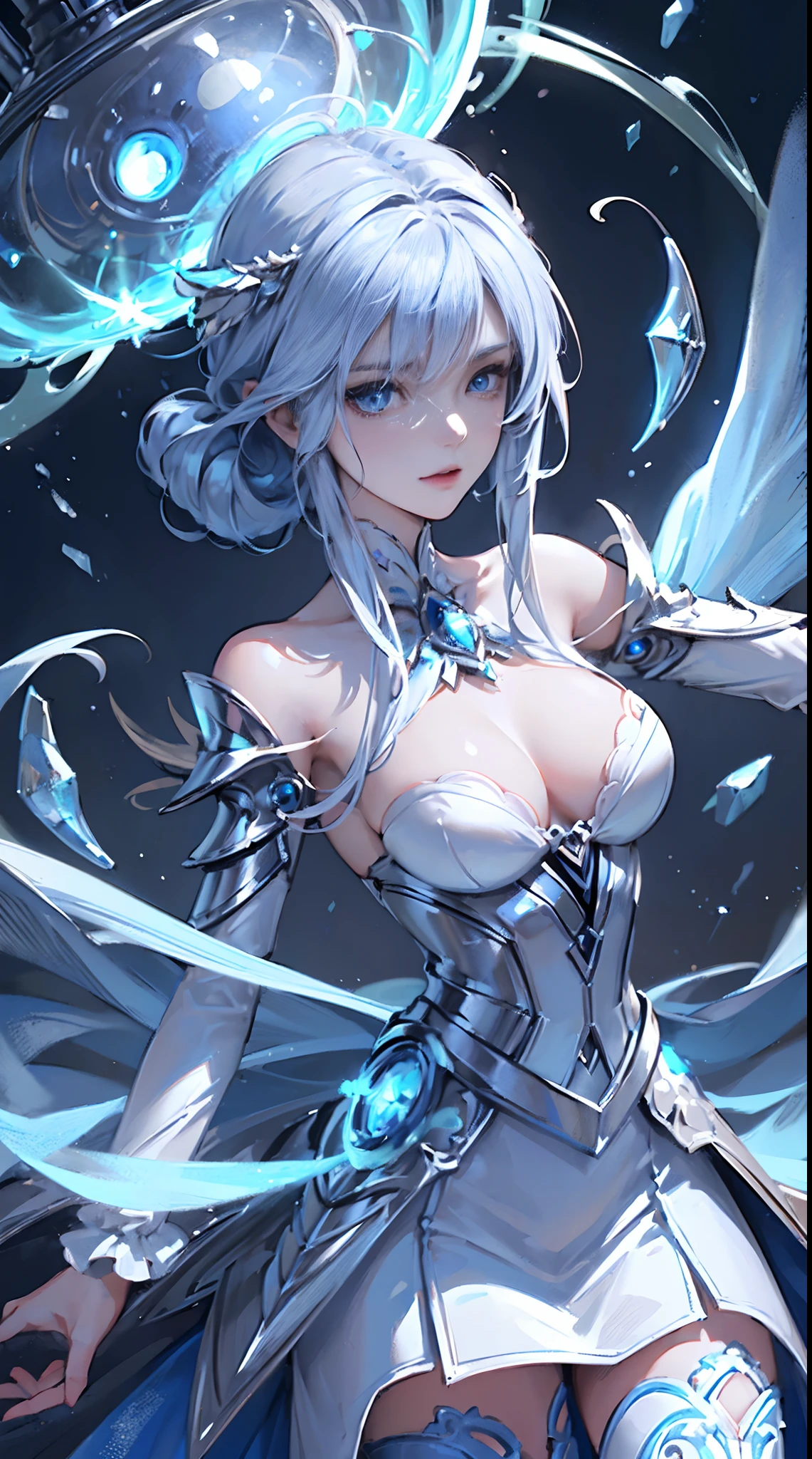 ((masterpiece:1.2)), ((Highest Quality)), Highly detailed and delicate illustration painting, detailed skin texture, detailed metal texture, detailed cloth texture, Extreme detailed description, (T-Masterpiece), superfine illustration, Highly detailed face, Raw photo, Professional, Ultra-fine painting, Perfect Anatomy, sexy, realisitic, ((Solo)), ((A beautiful and cool female court wizard with beautiful silver hair and beautiful blue eyes who is dressed as a mechanical angel)), beutiful breast, concept-art, (combat pose), Detailed science and magic Fantasy Art, (Beautiful shiny silver hair), (Beautiful color blue eyes), (detailed beautiful eyes:1.6), (Has large sapphire blue metal wings), ((sophisticated mechanism:1.4))Smooth and menacing design, ((Highly detailed and delicate mechanical sapphire blue spellbook exclusively for court wizard leaders)), ((Highly detailed and cool Attack Magic Casting Pose)), ((Highly detailed and delicate magical attack Sleek Mechanical skeleton armor dress in pearl white and sapphire blue exclusively for the Leader of court wizard leaders)), (Always draw a very detailed and delicate magic circle with a spellbook), Highly detailed and delicate starry sky, other world, No robot, (NSFW)