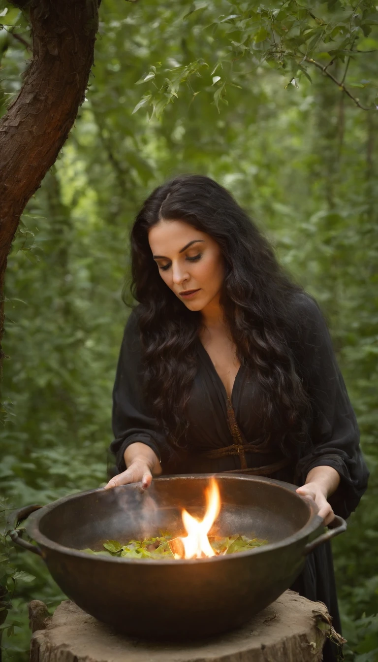 Em uma noite de lua cheia, in a sacred space surrounded by elements of nature, a Wiccan witch stands in front of a cast-iron cauldron. Ela veste um manto longo e fluido, adorned with symbols of nature and the moon. over the head, She wears a hat with a wide brim that resembles the leaves of a tree. The witch's hair is long and intertwined with flowers and herbs, giving it an air of connection with nature. in her hands, ela segura uma varinha entalhada, trabalhada com elementos da terra e da lua. Com movimentos graciosos e cerimoniais, She waves her wand over the cauldron. Inside the cauldron, A mixture of herbs and liquids emanates a soft green and silvery light, Creating a magical aura around the witch. The light of the full moon shines brightly through the leaves of the trees, casting shadow patterns in the clearing. The air is imbued with the scent of fresh herbs and wildflowers, while the atmosphere resonates with a sense of peace and connection with nature. This is the image of a Wiccan witch, em sintonia com a energia da lua cheia, Performing a spell with a cauldron. I hope this description helps create a vivid picture in your mind!