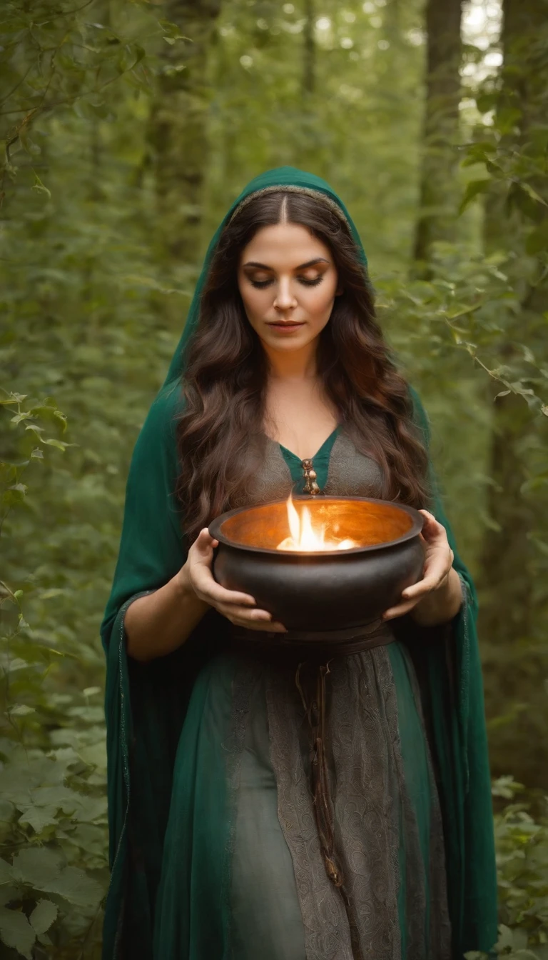 Em uma noite de lua cheia, in a sacred space surrounded by elements of nature, a Wiccan witch stands in front of a cast-iron cauldron. Ela veste um manto longo e fluido, adorned with symbols of nature and the moon. over the head, She wears a hat with a wide brim that resembles the leaves of a tree. The witch's hair is long and intertwined with flowers and herbs, giving it an air of connection with nature. in her hands, ela segura uma varinha entalhada, trabalhada com elementos da terra e da lua. Com movimentos graciosos e cerimoniais, She waves her wand over the cauldron. Inside the cauldron, A mixture of herbs and liquids emanates a soft green and silvery light, Creating a magical aura around the witch. The light of the full moon shines brightly through the leaves of the trees, casting shadow patterns in the clearing. The air is imbued with the scent of fresh herbs and wildflowers, while the atmosphere resonates with a sense of peace and connection with nature. This is the image of a Wiccan witch, em sintonia com a energia da lua cheia, Performing a spell with a cauldron. I hope this description helps create a vivid picture in your mind!