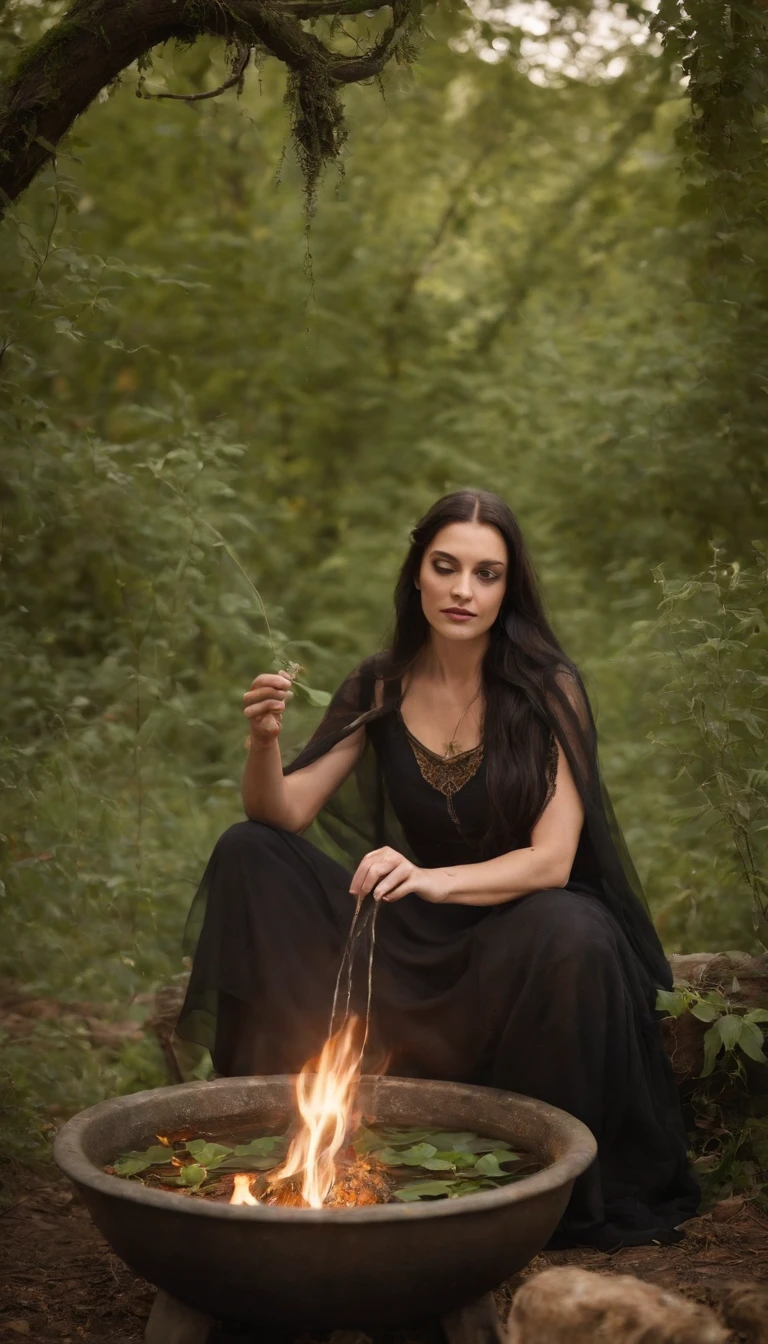 Em uma noite de lua cheia, in a sacred space surrounded by elements of nature, a Wiccan witch stands in front of a cast-iron cauldron. Ela veste um manto longo e fluido, adorned with symbols of nature and the moon. over the head, She wears a hat with a wide brim that resembles the leaves of a tree. The witch's hair is long and intertwined with flowers and herbs, giving it an air of connection with nature. in her hands, ela segura uma varinha entalhada, trabalhada com elementos da terra e da lua. Com movimentos graciosos e cerimoniais, She waves her wand over the cauldron. Inside the cauldron, A mixture of herbs and liquids emanates a soft green and silvery light, Creating a magical aura around the witch. The light of the full moon shines brightly through the leaves of the trees, casting shadow patterns in the clearing. The air is imbued with the scent of fresh herbs and wildflowers, while the atmosphere resonates with a sense of peace and connection with nature. This is the image of a Wiccan witch, em sintonia com a energia da lua cheia, Performing a spell with a cauldron. I hope this description helps create a vivid picture in your mind!