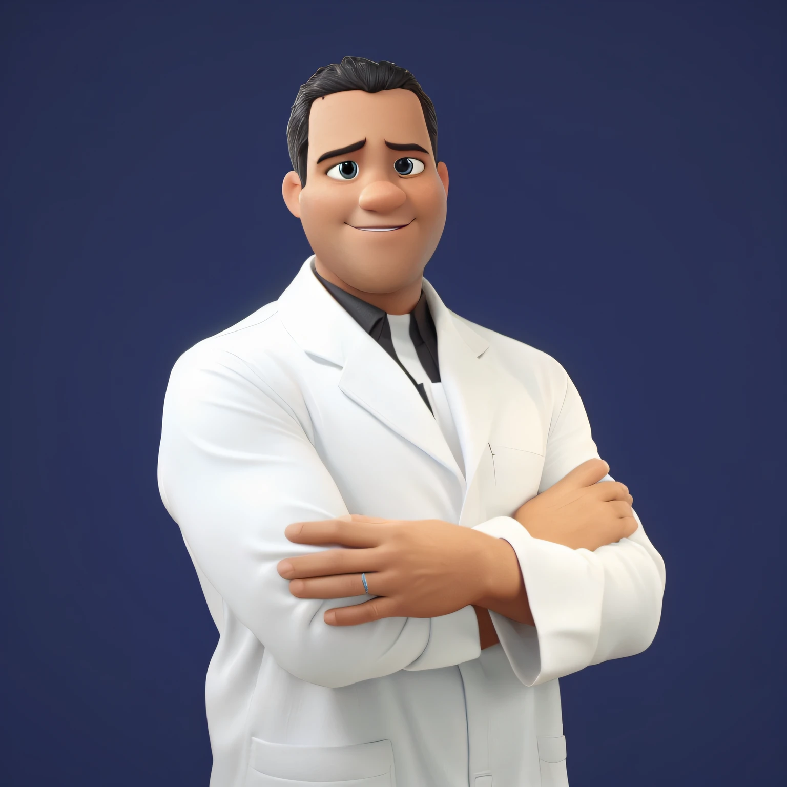 crie uma imagem disney pixar com base na foto, com jaleco branco, cabelo preto, sobrancelha preta, olhos pretos curtos