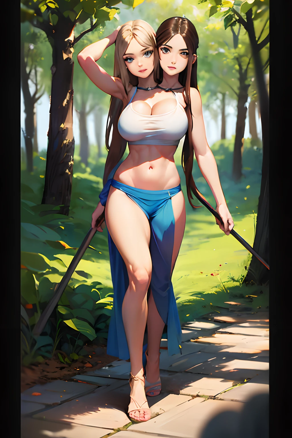 ((2heads:1.5)),1man,masterpiece, 40 years old, best quality, tsharuna, green ((2heads)),skin, no facial hair, no body hair, wide shoulders, chubby, speedo,((big bulge)),crop top, sarong, torn clothes, bare shoulders, large breasts, full body, primitive village, forest, looking at viewer, walking pose, white skin, talking, long flowing brown hair, short unkempt blonde hair,  blue eyes, brown eyes, holding a staff