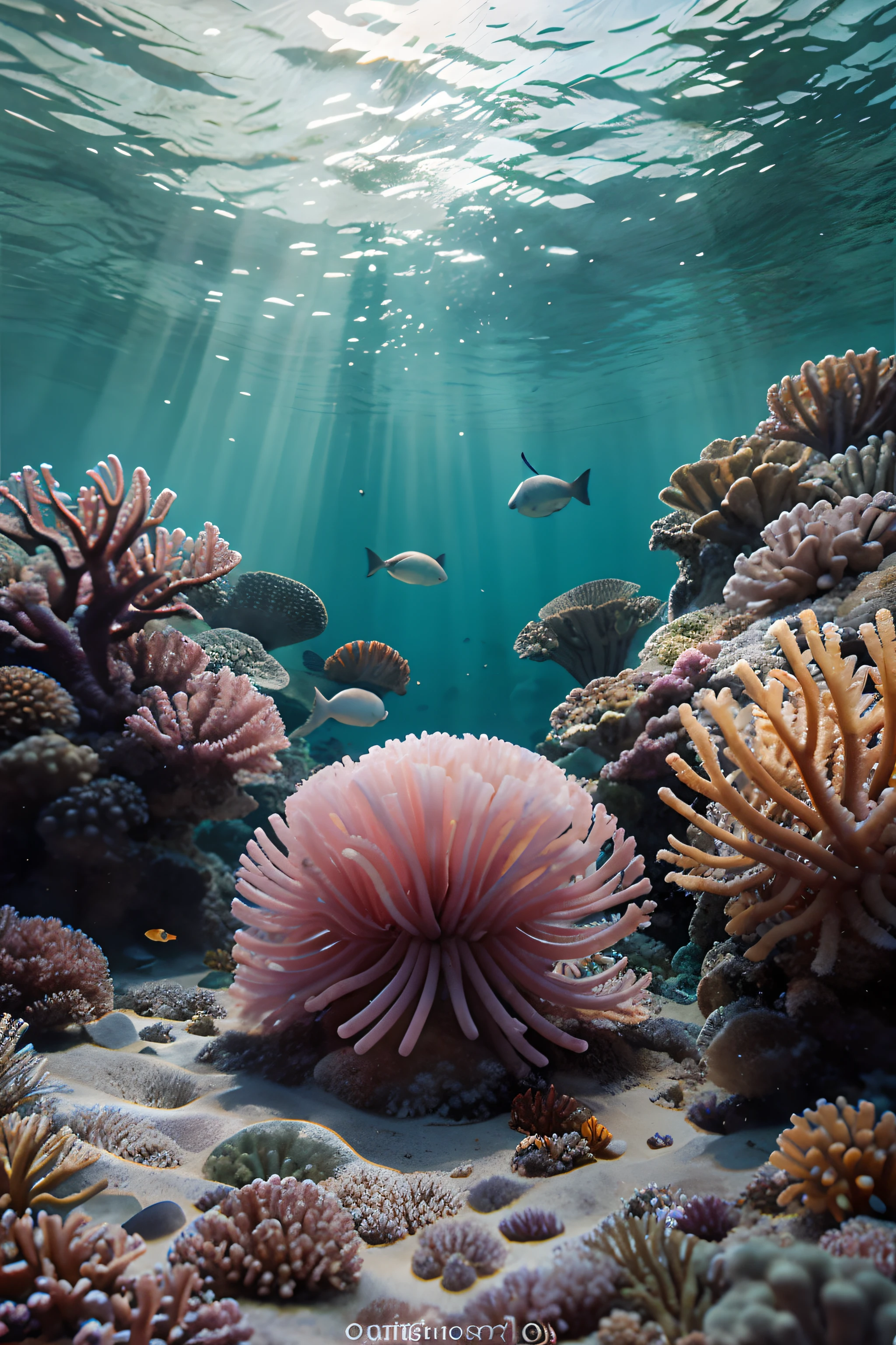 A beautiful underwater scene of a cute small sea anemone, urticina piscivora, colorful coral reef as landscape, watercolor style, realistic, book illustration for children, vivid colors, cute character, high-quality details --ar 1:1