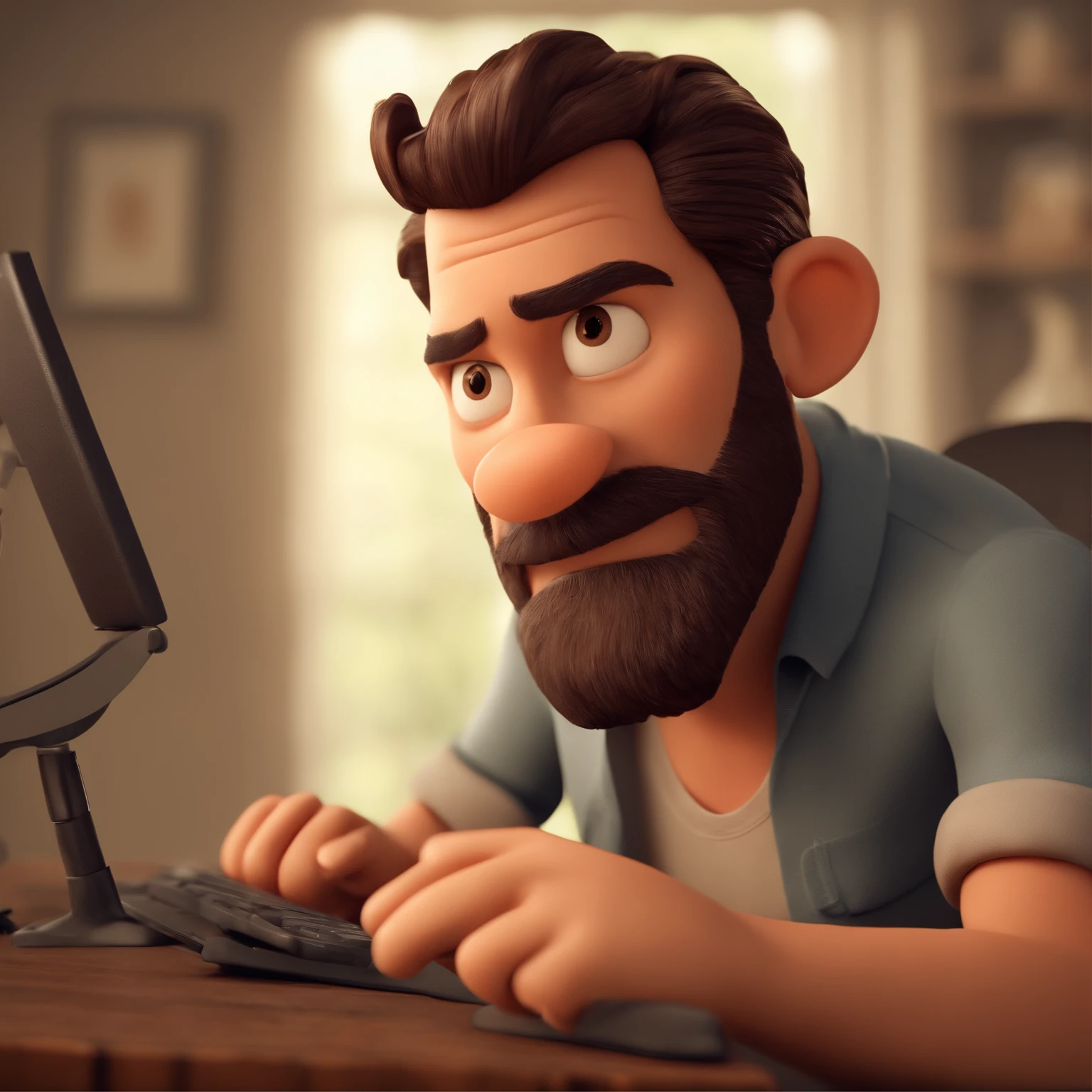 Criar um personagem no estilo Pixar. Trata-se de um homem de 30 anos, com barba, Branco, com cabelos castanhos curtos e um quiff, e olhos castanhos. Ele deve estar na frente de um computador, Trabalhar como designer