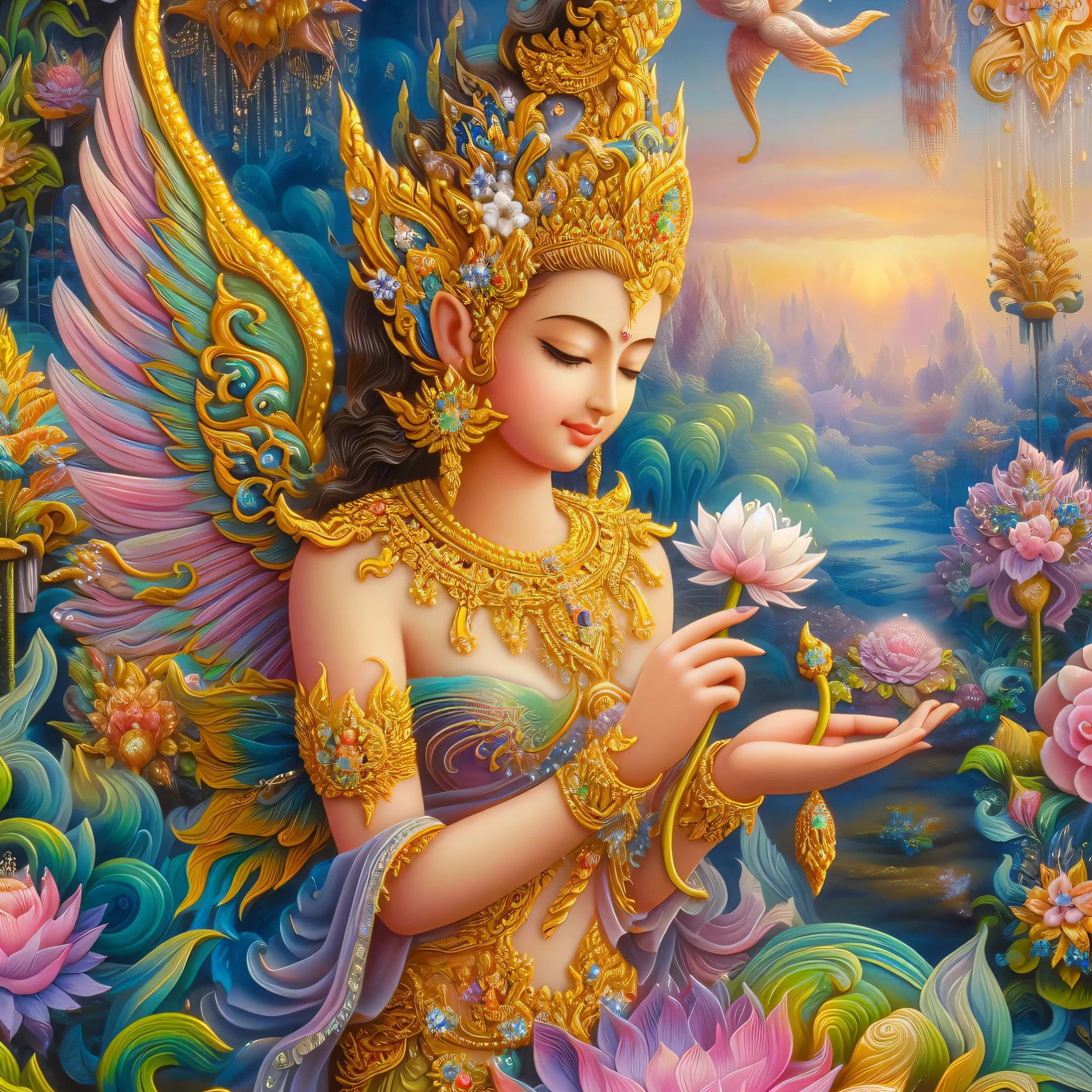 a close up of a painting of a woman holding a flower, thailand art, goddess of love and peace, gilded lotus princess, flower goddess, pink lotus queen, standing gracefully upon a lotus, goddess. extremely high detail, beautiful goddess, a goddess in a field of flowers, extremely detailed goddess shot, goddess art, the goddess of love, portrait of a beautiful goddess