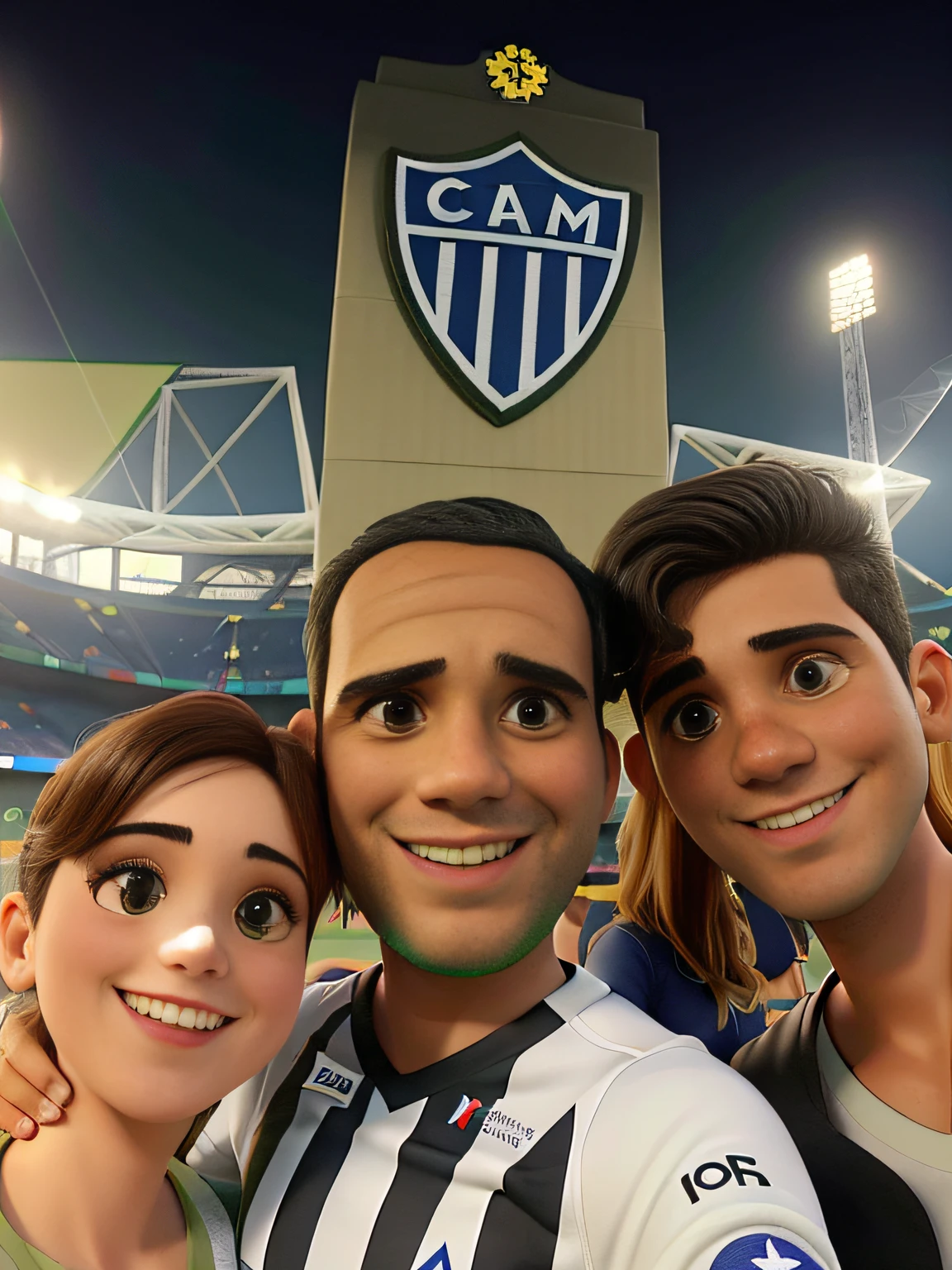 tres pessoas na foto, sendo a primeira uma mulher loira de olhos verdes, um pai jovem e um adolecente, todos com a camisa listrada preta e branca do clube, em frente ao estadio do Clube atletico mineiro com o escudo do time acima em destaque