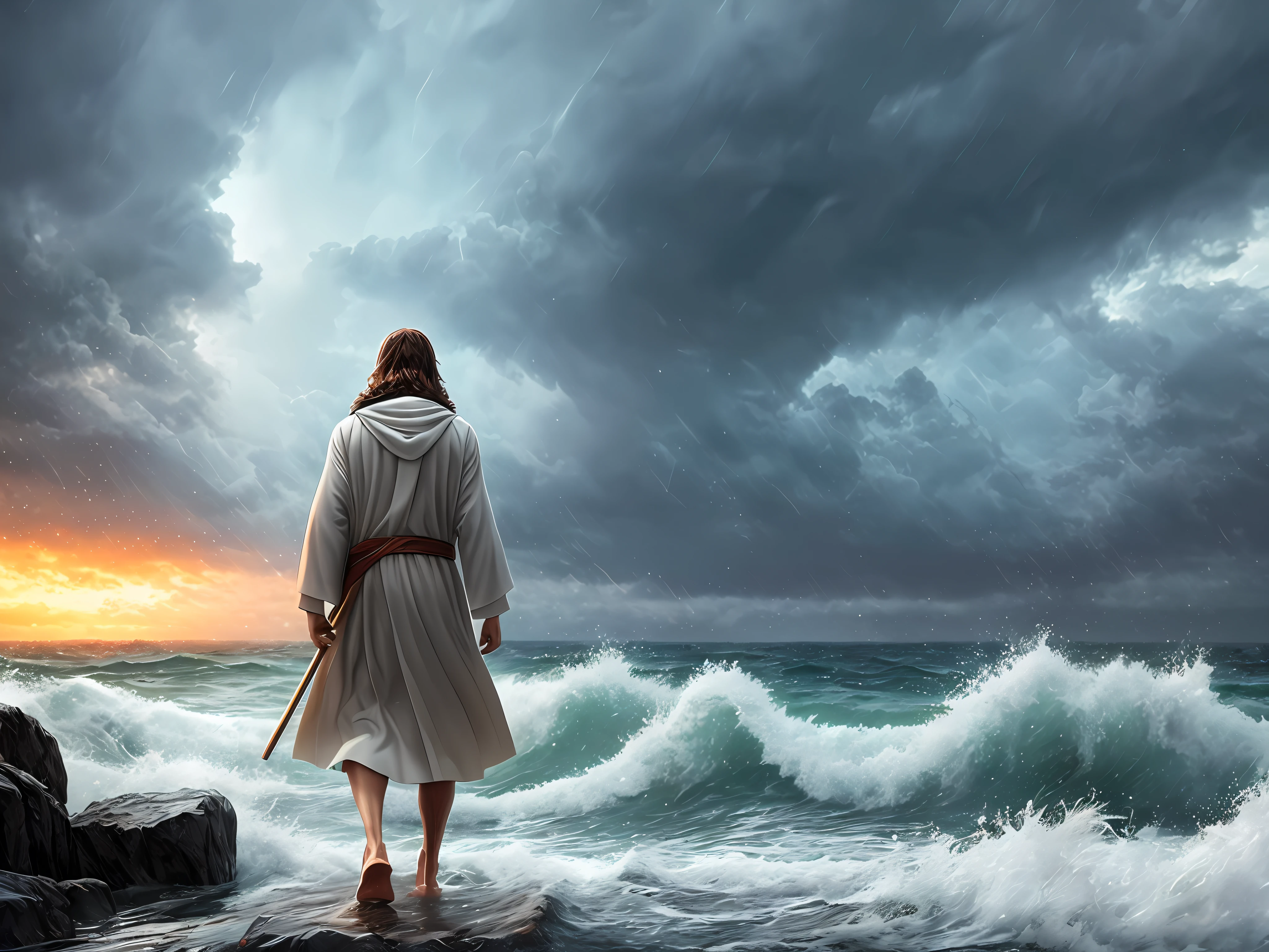 jesus walking on water in a storm, masterpiece, best quality, high quality, extremely detailed CG unit 8k wallpaper, award winning photography, Bokeh, Depth of Field, HDR, bloom, Chromatic aberration, photorealistic, extremely detailed, trending on artstation, trending on CGsociety, intricate, high detail, dramatic, mid-journey art, volumetric lighting