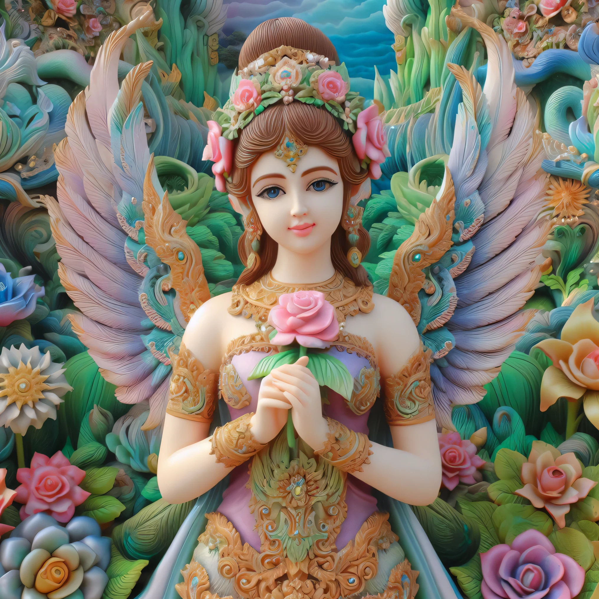 there is a statue of a woman holding a flower in her hands, goddess of love and peace, goddess. extremely high detail, 3 d goddess portrait, stunning 3d render of a fairy, extremely detailed goddess shot, flower goddess, beautiful female angel, the goddess of love, beautiful angel, a beautiful fantasy empress, beautiful angel girl portrait, standing gracefully upon a lotus