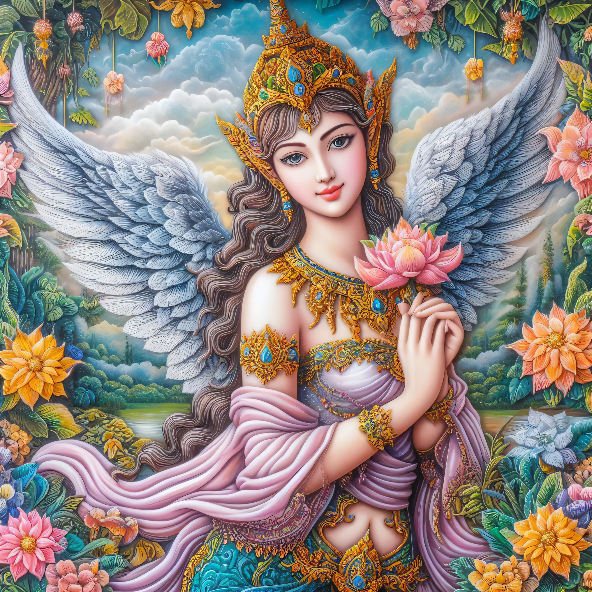 a painting of a woman with wings holding a flower, goddess of love and peace, beautiful female angel, portrait of a beautiful angel, beautiful angel, of beautiful angel, portrait of a beautiful goddess, beautiful angel girl portrait, devi wings, goddess. extremely high detail, of an beautiful angel girl, thailand art, winged girl angel, a stunning portrait of a goddess