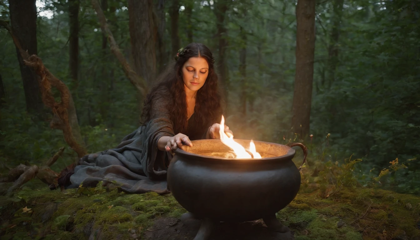 Lana del rey, witch, magic, forest, mystic, 8k, maximum detail, colorful, witch cauldron --auto --s2