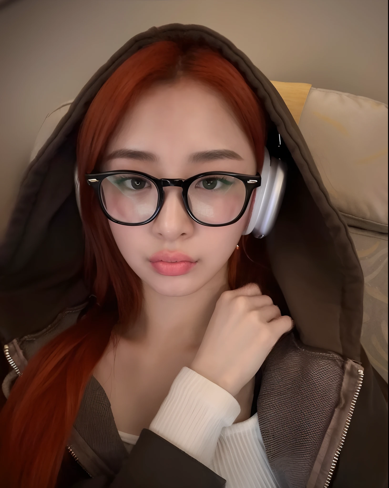 There's a woman with headphones and glasses sitting on a couch, wearing thin large round glasses, With eye Glasses, Ulzzang, thick glasses, coreana, Amouranth, foto de perfil headshot, Dom Yunjoo, wearing square glasses, thick round glasses, Sakimichan, Heonhwa Choe, grandes copos redondos, jossi do blackpink