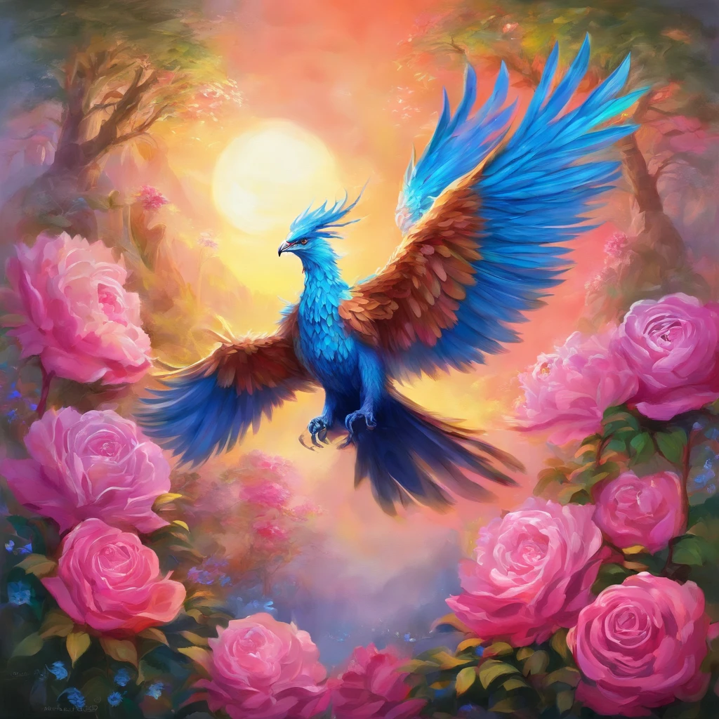 (best quality, Altas, Realistic:1.37), (oil painting), A Blue Phoenix (asas detalhadas, penas majestosas:1.1) Ressurgindo das cinzas (Chamas:0.9), (vivid colors) In the background. The phoenix is perched on top of a vibrant pink rose (delicate petals, detalhes intrincados), seu corpo esguio irradieo com (luz dourada, ethereal glow). Como ele levanta voo, o (Brisa suave, vento suave) graciosamente levanta suas penas, Create a magnificent (movimento, Dynamic) efeito. The scene is filled with (luscious greenery, flores florescendo:1.1) e (raios de luz perfureo a folhagem, crieo luz fraca). The general atmosphere is (mistic, Encantadora), com uma mistura harmoniosa de azul vibrante, Rosa, e tons dourados.