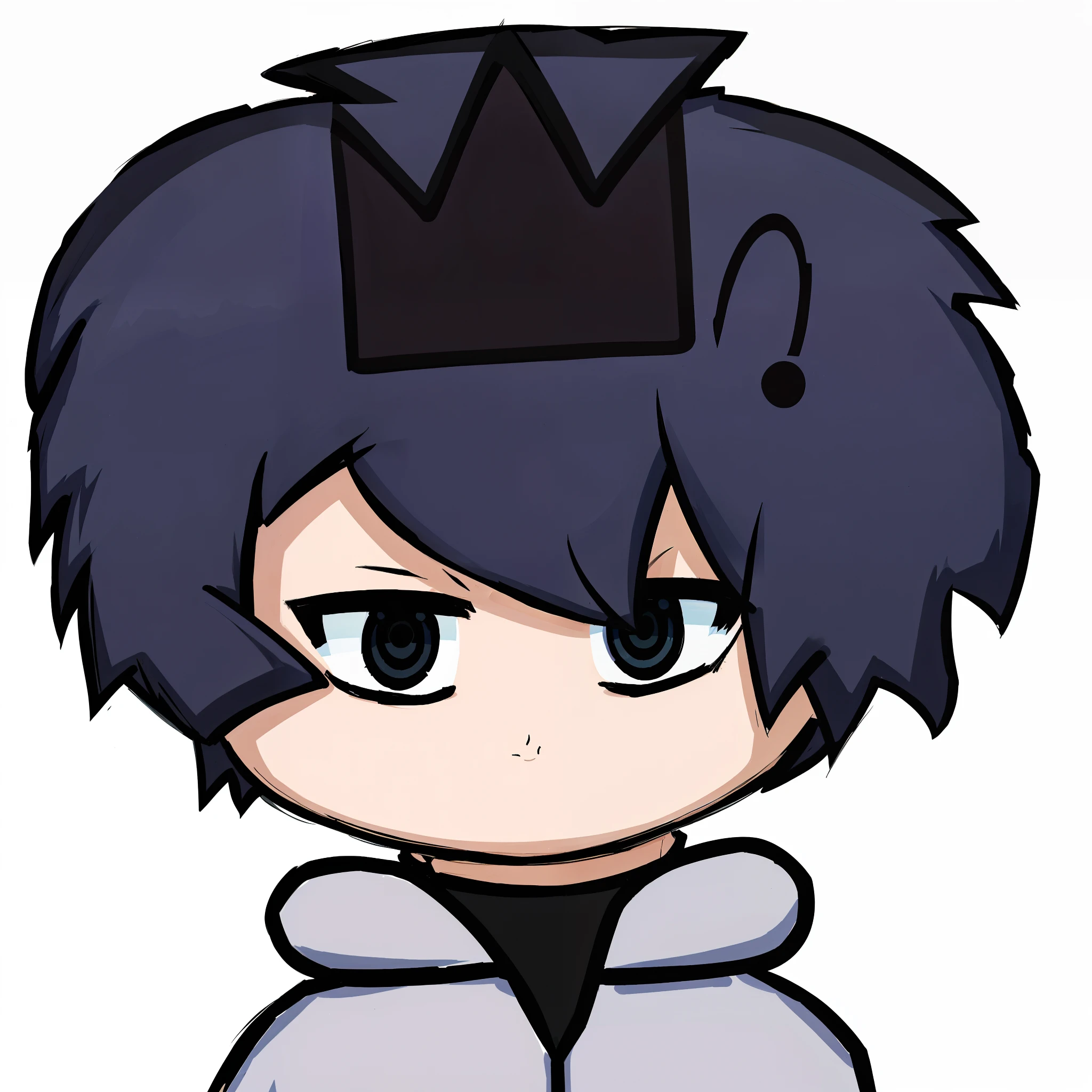 A cartoon boy with a black crown on his head, Estilo anime 2D,meio rosto normal,half robot