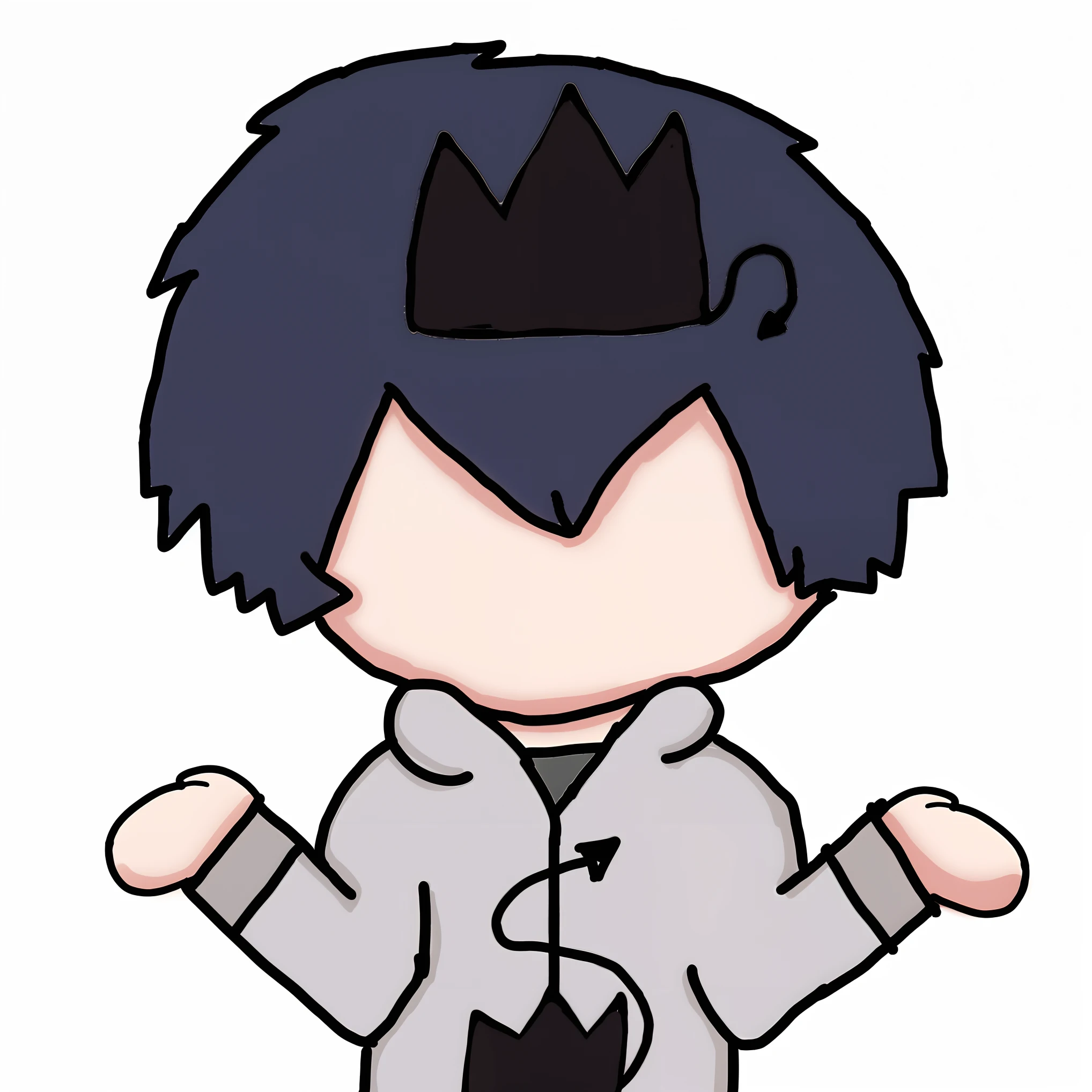 um  de desenho animado com uma coroa  preto e uma camisa cinza, 2 d estilo anime, Half-robot face