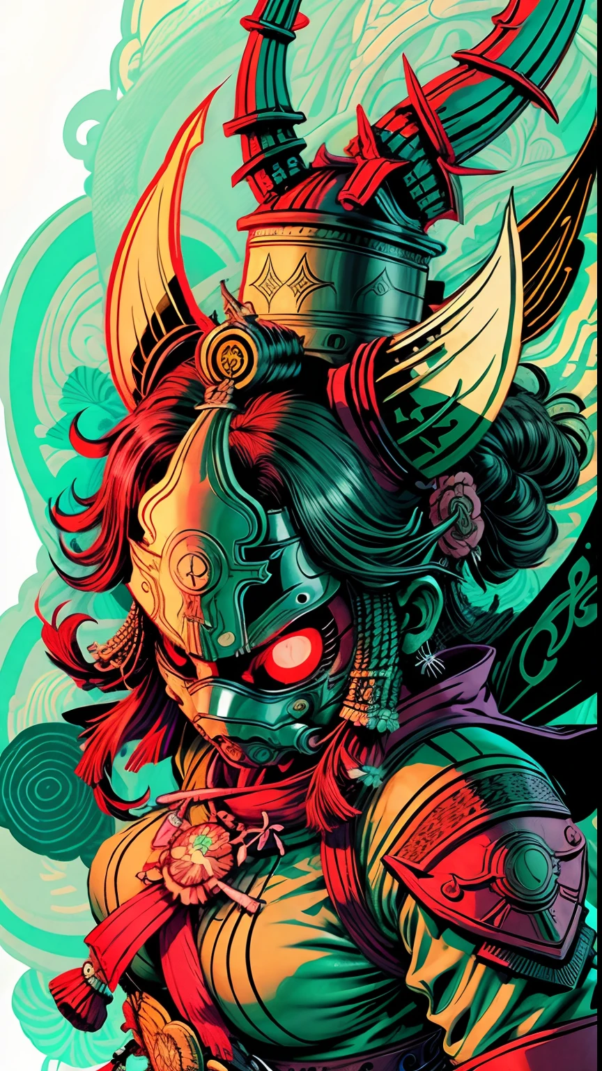 Female warrior Mask Style、illustrator、masterpiece、hightquality、8k、hight resolution、high-detail、japanse, green female Samurai, green color combinations