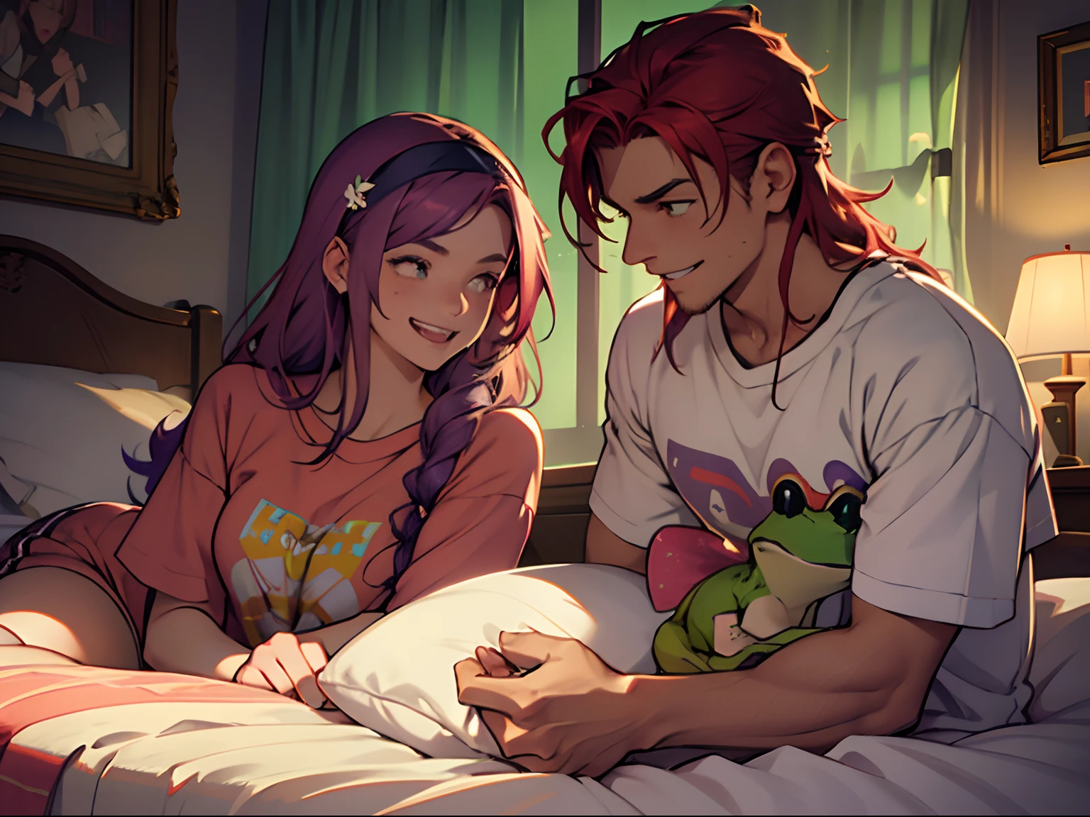 Guy and girl sitting on bed. Guy with red hair. GIRL LONG PURPLE HAIR. Loungewear. T-shirts and sweatshirts. cozy atmosphere. Detailed details. Toad dressings. Green frog hairbands. Spa Day. Guy and girl sitting on bed. cozy atmosphere. warm light. Two Lovers. GUY SHORT RED HAIR. Guy in T-shirt and sweatpants. Girl in T-shirt and sweatpants. GIRL LONG PURPLE HAIR. A frog-shaped bandage on her hair. Frog Headband. Flickering particles in the air. Romantic atmosphere. Love in the air. Well-detailed poses. detailing. laughter. Two Lovers. Couple in love. Love. Frog Toys.