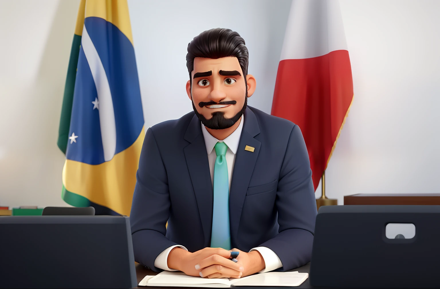 Um homem de cabelos pretos, parado na frente de uma bandeira do brasil e outra de Minas Gerais, illuminated by the light of a lamp, contra o pano de fundo de uma biblioteca