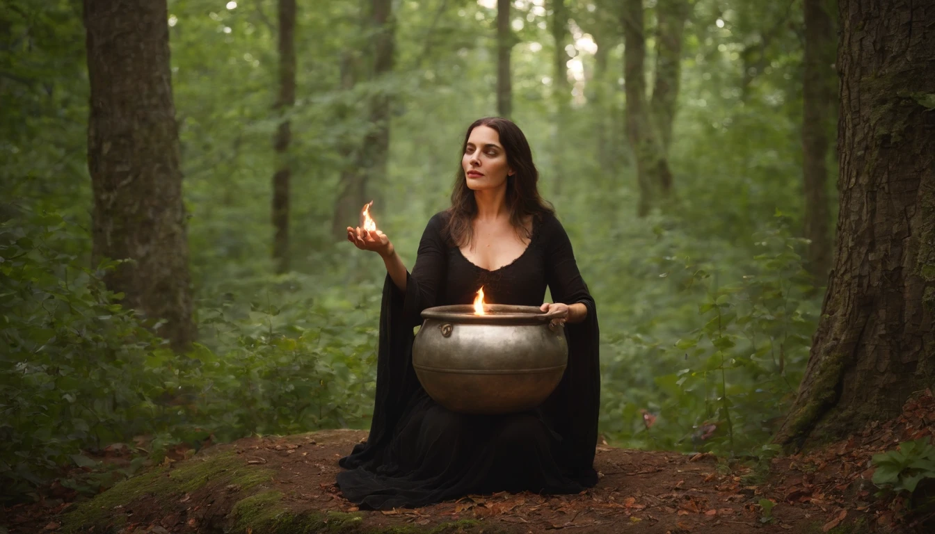 Em uma noite de lua cheia, in a sacred space surrounded by elements of nature, a Wiccan witch stands in front of a cast-iron cauldron. Ela veste um manto longo e fluido, adorned with symbols of nature and the moon. over the head, She wears a hat with a wide brim that resembles the leaves of a tree. The witch's hair is long and intertwined with flowers and herbs, giving it an air of connection with nature. in her hands, ela segura uma varinha entalhada, trabalhada com elementos da terra e da lua. Com movimentos graciosos e cerimoniais, She waves her wand over the cauldron. Inside the cauldron, A mixture of herbs and liquids emanates a soft green and silvery light, Creating a magical aura around the witch. The light of the full moon shines brightly through the leaves of the trees, casting shadow patterns in the clearing. The air is imbued with the scent of fresh herbs and wildflowers, while the atmosphere resonates with a sense of peace and connection with nature. This is the image of a Wiccan witch, em sintonia com a energia da lua cheia, Performing a spell with a cauldron. I hope this description helps create a vivid picture in your mind!