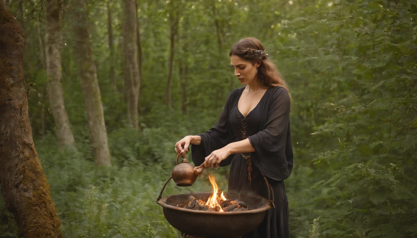 Em uma noite de lua cheia, in a sacred space surrounded by elements of nature, a Wiccan witch stands in front of a cast-iron cauldron. Ela veste um manto longo e fluido, adorned with symbols of nature and the moon. over the head, She wears a hat with a wide brim that resembles the leaves of a tree. The witch's hair is long and intertwined with flowers and herbs, giving it an air of connection with nature. in her hands, ela segura uma varinha entalhada, trabalhada com elementos da terra e da lua. Com movimentos graciosos e cerimoniais, She waves her wand over the cauldron. Inside the cauldron, A mixture of herbs and liquids emanates a soft green and silvery light, Creating a magical aura around the witch. The light of the full moon shines brightly through the leaves of the trees, casting shadow patterns in the clearing. The air is imbued with the scent of fresh herbs and wildflowers, while the atmosphere resonates with a sense of peace and connection with nature. This is the image of a Wiccan witch, em sintonia com a energia da lua cheia, Performing a spell with a cauldron. I hope this description helps create a vivid picture in your mind!