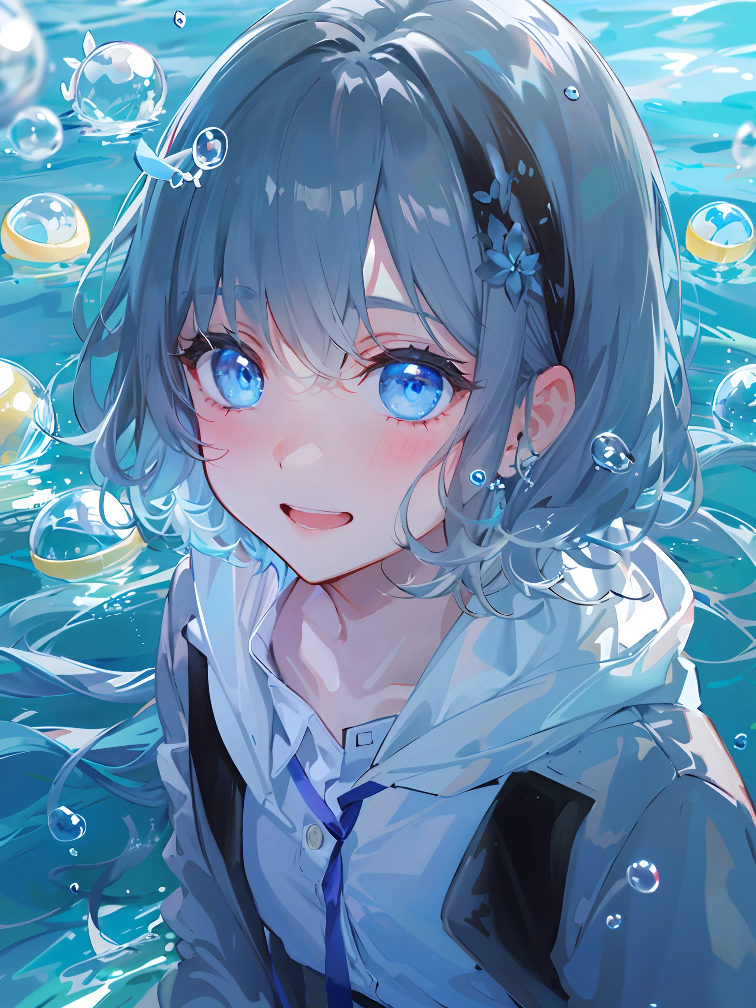((top-quality)), ((masterpiece)), ((ultra-detailliert)), (Extremely delicate and beautiful), girl with, 独奏, cold attitude,((Black jacket)),She is very(relax)with the(Settled down)Looks,A dark-haired, depth of fields,Evil smile,Bubble, under the water, Air bubble,bright light blue eyes,inner color with bright gray hair and light blue tips,,,,,,,,,,Cold background,Bob Hair - Linear Art, shortpants、knee high socks、White uniform like school uniform、Light blue ribbon ties、Clothes are sheer、Hands in pockets、Bright eyes like sapphire,Fronllesse Blue, A small blue light was floating、fantastic eyes,Jumping figure、splash water