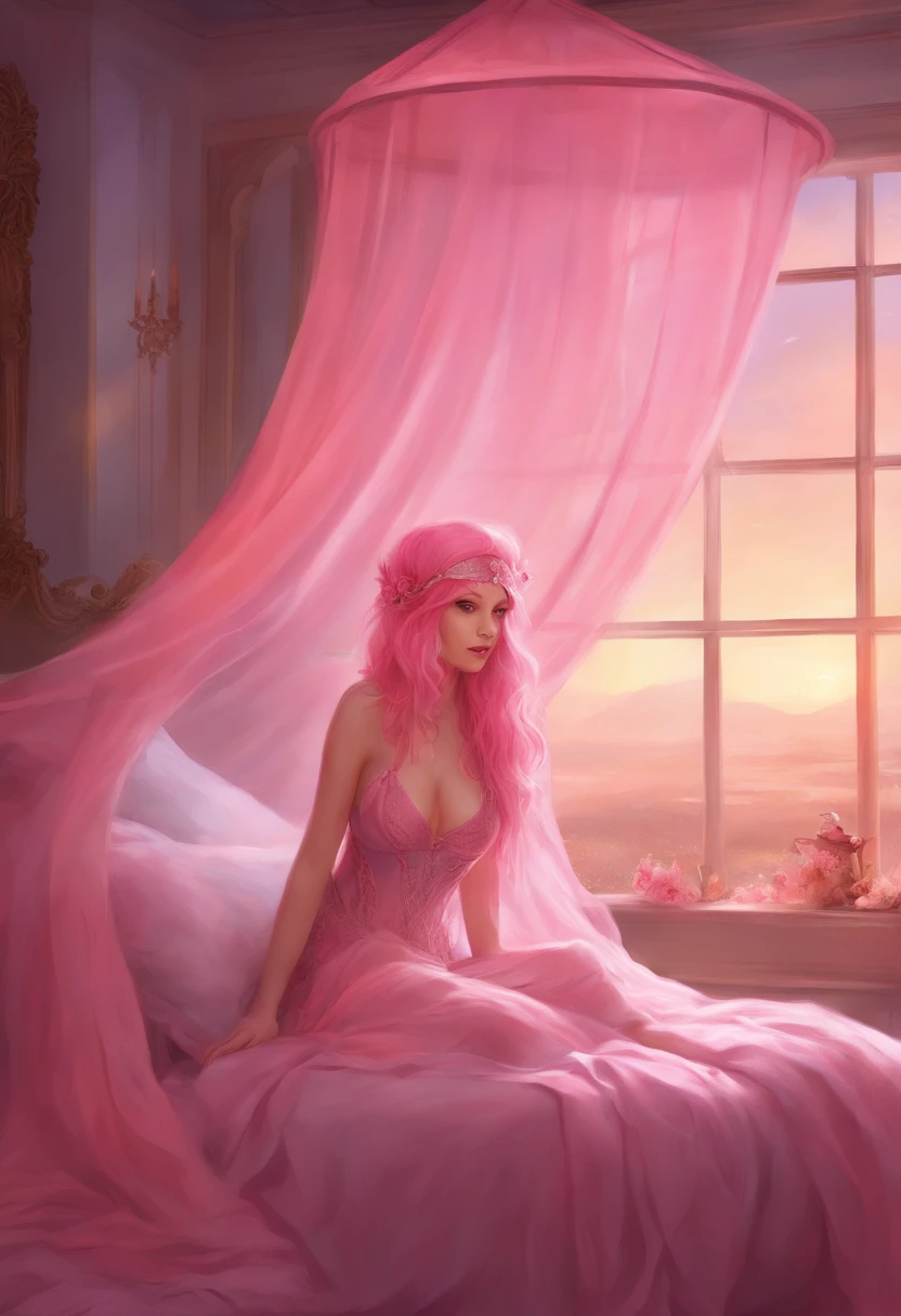 Girl in pink hair in bed with canopy's with pink lingerie on