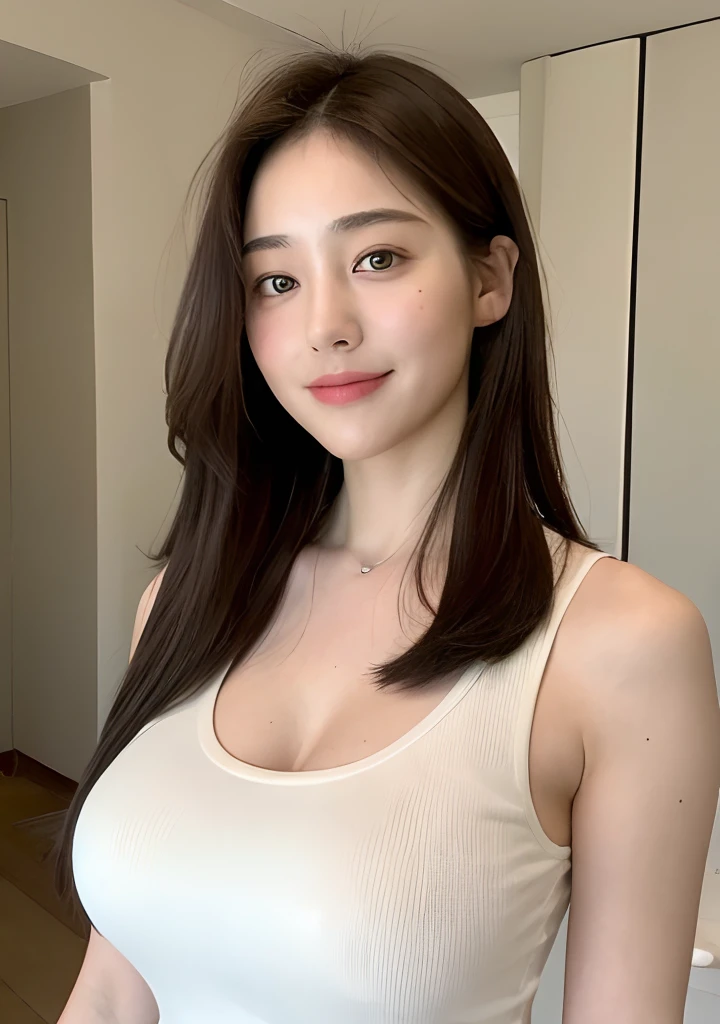 ((Best Quality, 8K, Masterpiece: 1.3)), Upper Body (1.3), Sharp Focus: 1.2, Outstanding Beauty: 1.4, Slender Abs: 1.2, ((Brown hair, droopy big: 1.2)), Inside and outside of a Western-style room, cleavage visible, very detailed face and skin texture, detailed eyes, double eyelids, smile (1.3) Natural makeup, glossy skin, wearing small nurse clothes