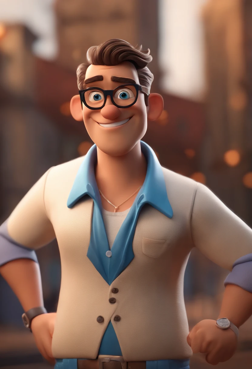 Cartoon character of a man with black glasses, cabelo cacheado marrom escuro e uma camisa azul, animation character, Caractere estilizado, animation style rendering, 3D estilizado, Arnold Maya render, 3 d render stylized, toon render keyshot, Personagem 3D, Personagem 3D, 3d rendering stylized, 3 d character render, personagem de desenho animado, Personagem de close up, Pose de personagem,  (Estilo Pixar) (master part:1.2) (Bokeh) (best quality) (pele detalhada) (textura detalhada) (8k) (argila) (Cinematic lighting) (foco nítido