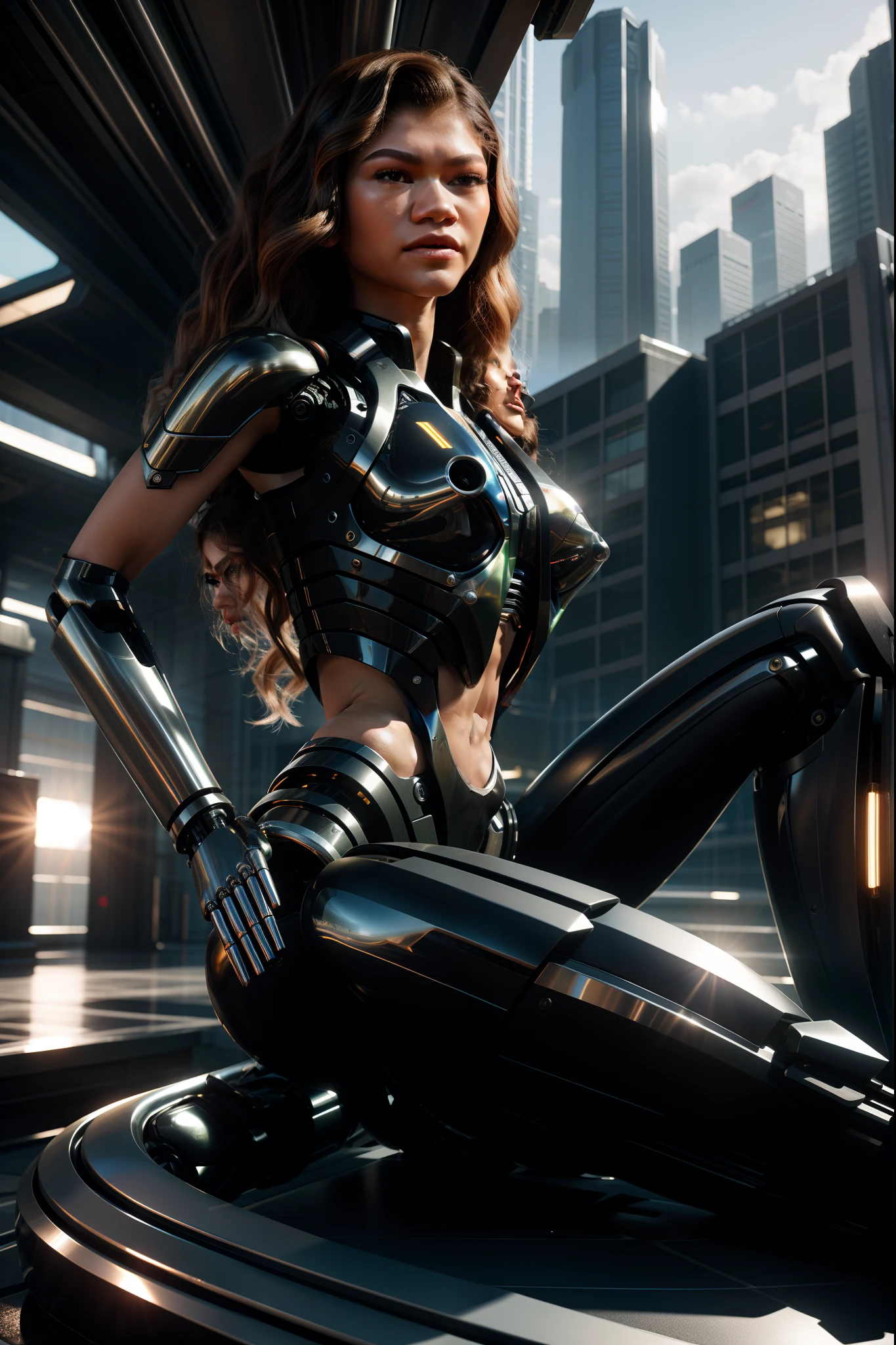 zendaya, ultra realistic 8k cg, (futuristic:, perfect artwork, masterpiece, futuristic city, futuristic era, mechanic, fantasy), (((detailed background)))sexy 20yo asian woman muscular cyborg fresh model,amazing stunningly beautiful, medium breasts, see through, sitting, looking at camera, black bobcut wavy shiny hair, 50mm portrait, glamour, soft curves, gigantic ass, wide hips, full wet lips, cybernetic perfect body, mechanical limbs, perfect abs, 3d, ultra realistic, sun