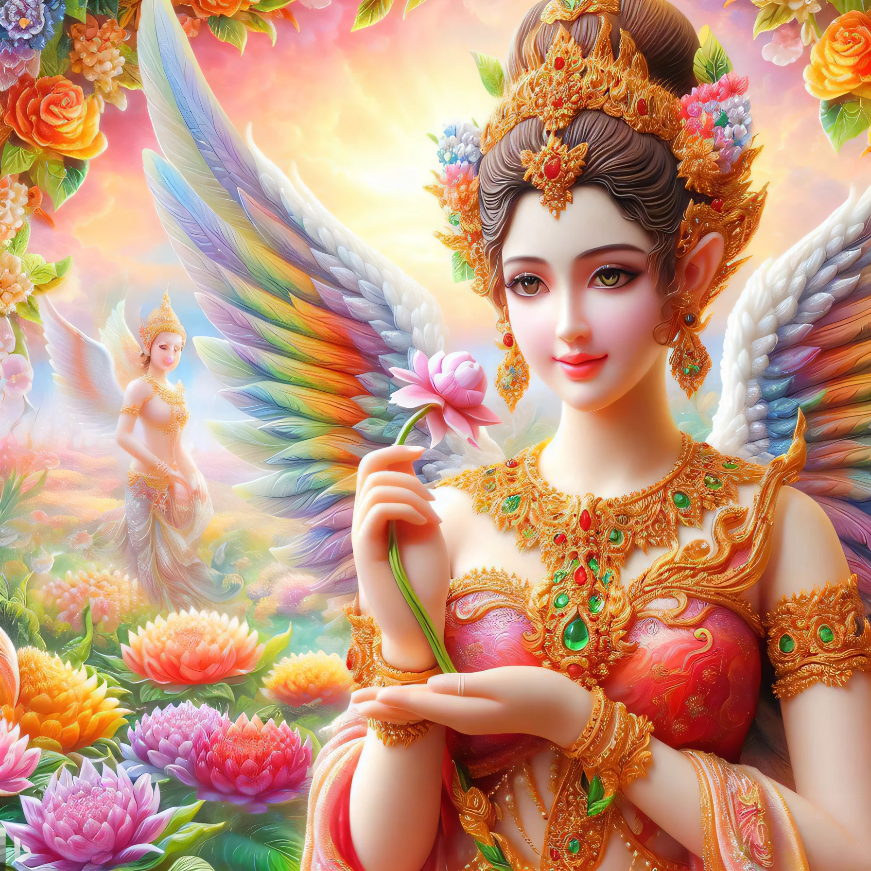 a painting of a woman holding a flower in her hands, beautiful angel, beautiful female angel, goddess of love and peace, beautiful goddess, a beautiful fantasy empress, of beautiful angel, of an beautiful angel girl, beautiful fairies, flower goddess, fantasy beautiful, portrait of a beautiful goddess, beautiful fairy, beautiful detailed fantasy, very colorful heavenly, portrait of a beautiful angel