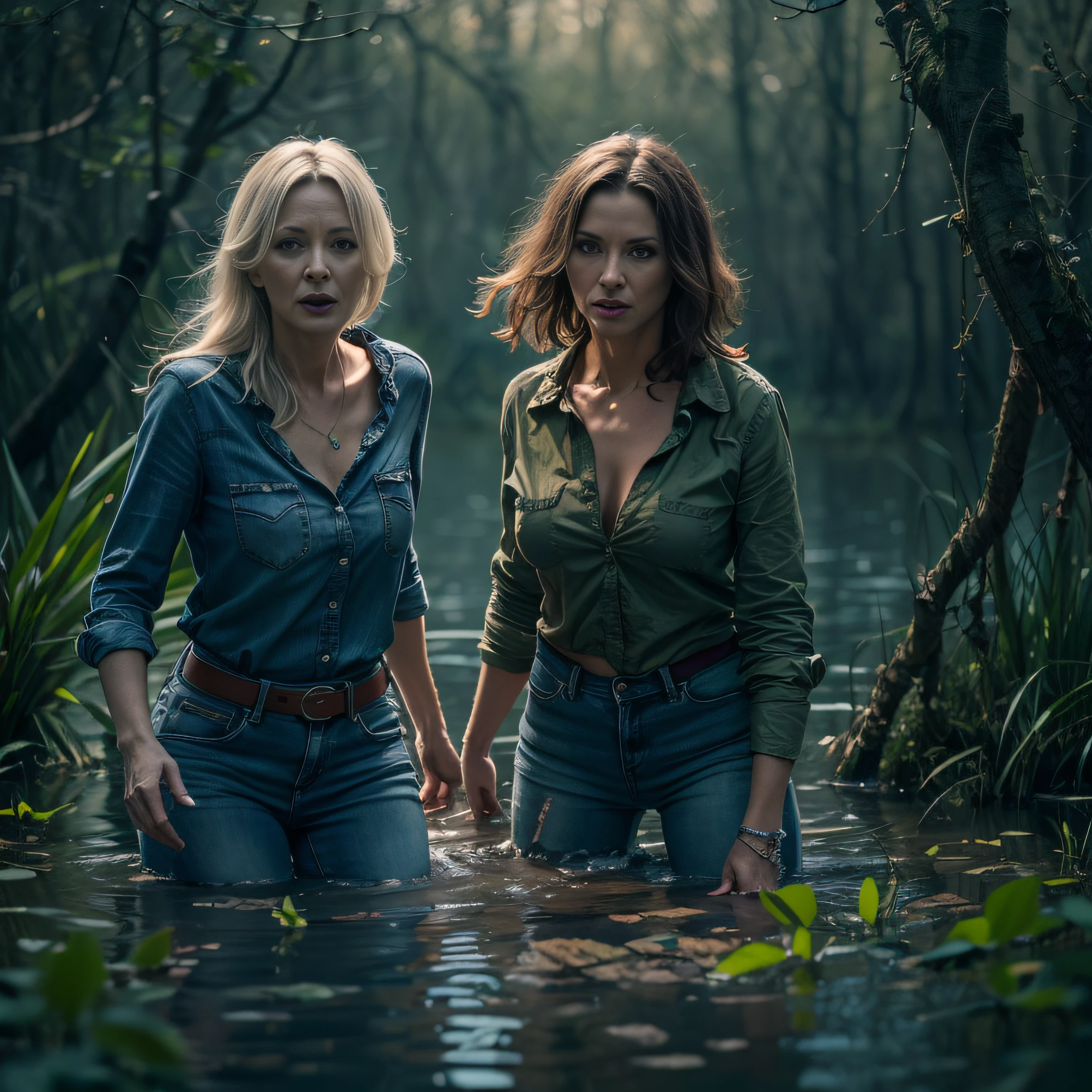 Two middle-aged female hikers, in an intense moment of lesbian seduction, both wearing outfits revealing their breasts and pubes, in the evening, sat next their camping tent.