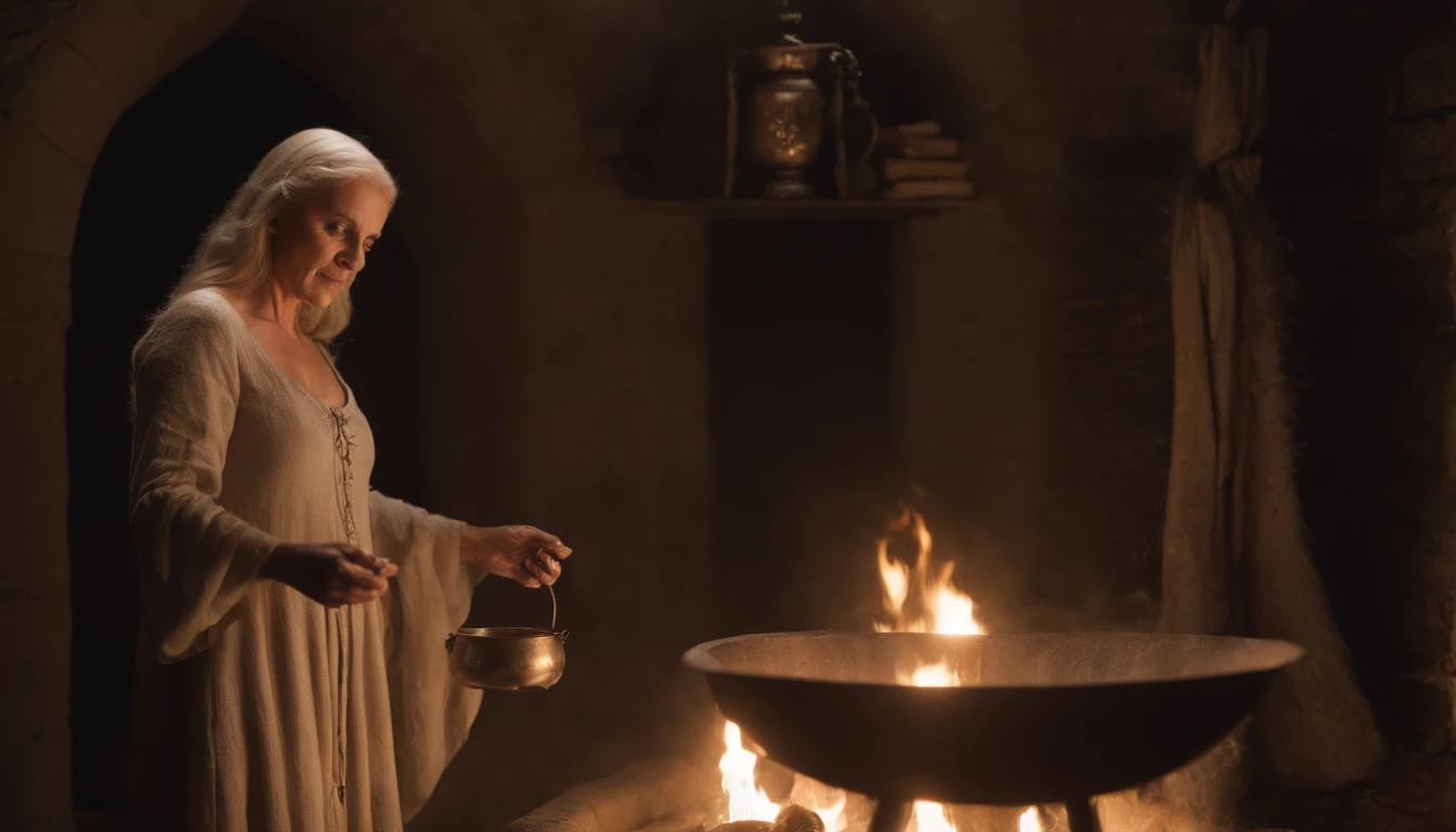 Em uma noite de lua cheia, in a room lit only by the soft silvery light shining through a tall, narrow window, A powerful witch stands before a cast-iron cauldron. She wears a long, dark robe adorned with mystical symbols, And on the top of your head, ela usa um chapeu pontudo, Characteristic of witches. Os cabelos da bruxa caem em cachos prateados sobre seus ombros, And your eyes sparkle with a magical intensity. In one of your hands, ela segura uma varinha de madeira entalhada, That she skilfully shakes over the cauldron. The liquid inside the cauldron begins to bubble and emit an ethereal light, Creating a bewitched atmosphere in the room.