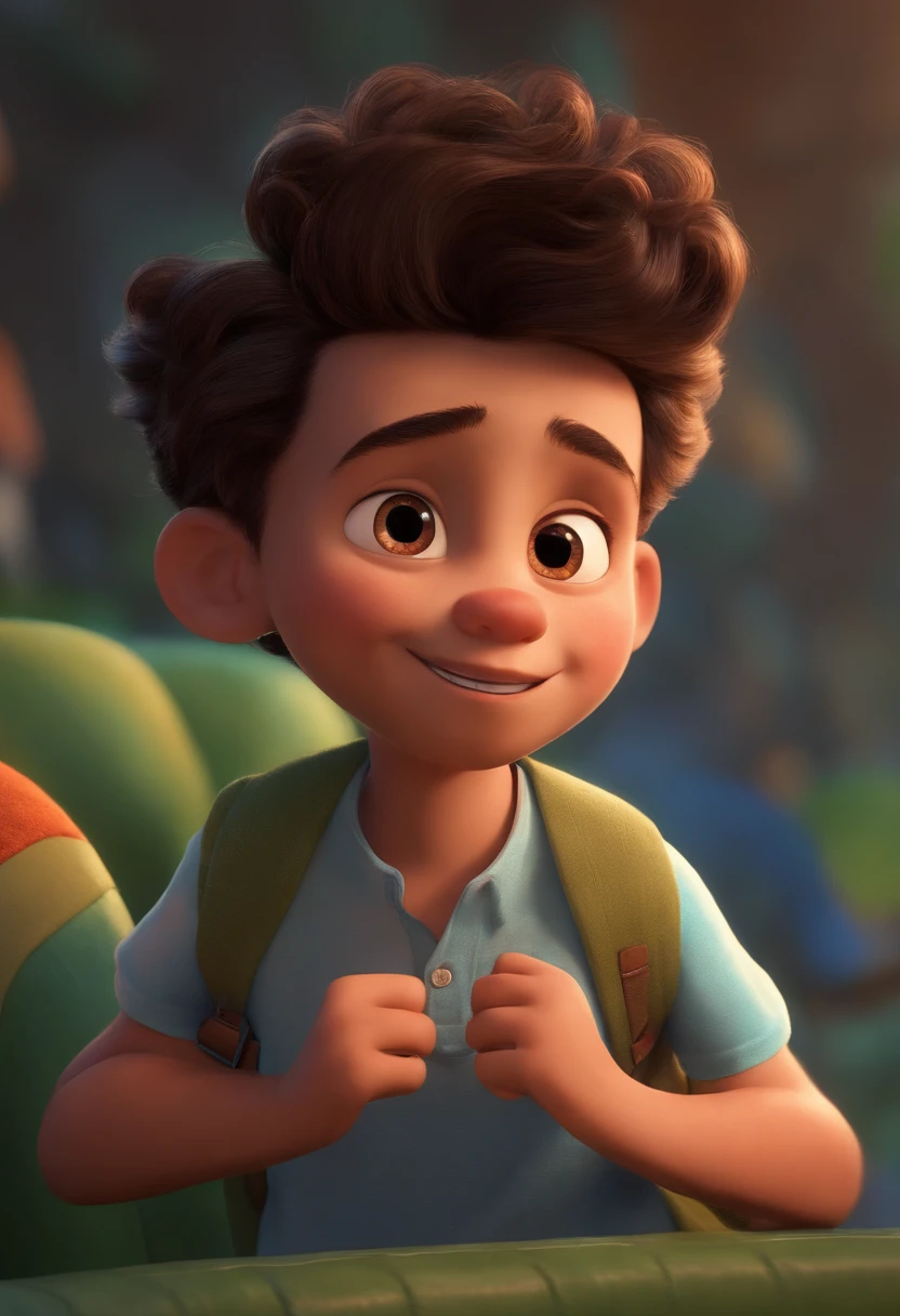 Imagem de um menino para umformato Pixar, He's the little allabester, He's the class leader, He's outgoing, Playful and gets up for a lot of things, cabelo curto