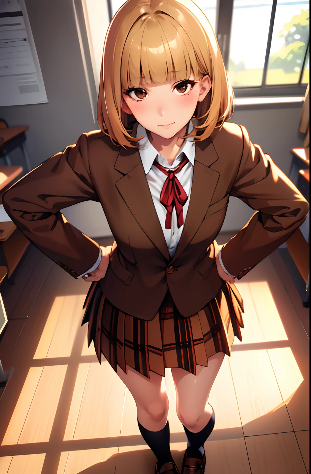 (masterpiece,best quality, detailed), 1girl, solo, classroom, indoors, hands on hips, closed mouth, dutch angle,
midorikawa hana, brown jacket, neck ribbon, collared shirt, school uniform, plaid skirt, loafers, squinting, eyelashes