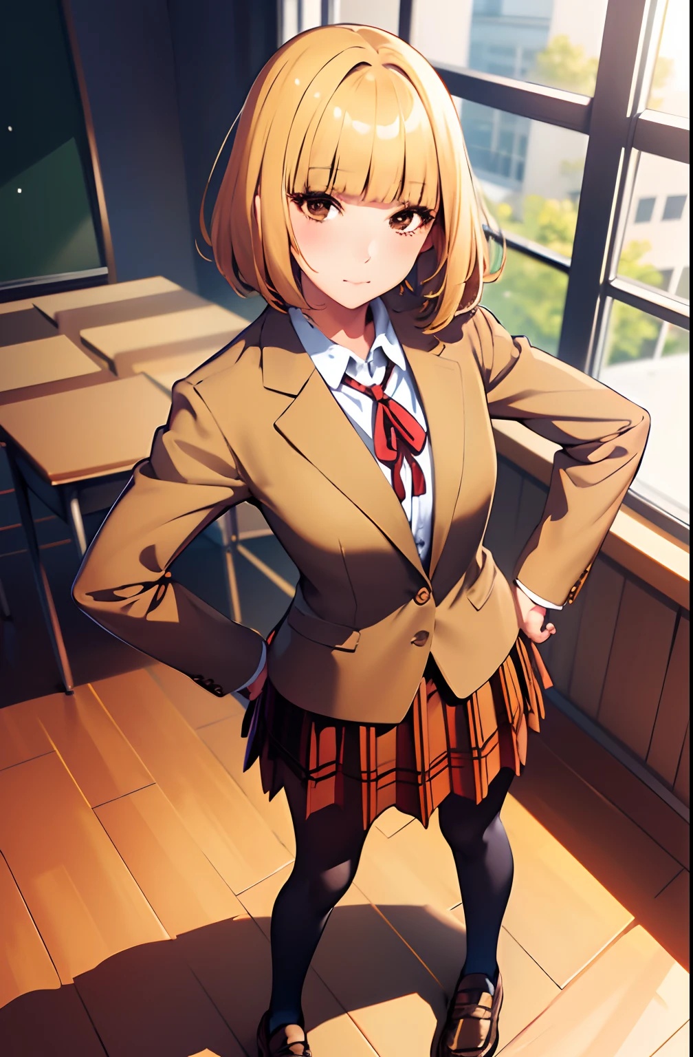 (masterpiece,best quality, detailed), 1girl, solo, classroom, indoors, hands on hips, closed mouth, dutch angle,
midorikawa hana, brown jacket, neck ribbon, collared shirt, school uniform, plaid skirt, loafers, squinting, eyelashes