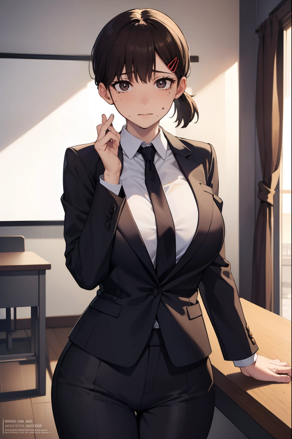 kobenihigashiyama, kobeni higashiyama, black hair, hair ornament, hairclip, mole, mole under eye, ponytail, short hair, (brown eyes:1.5), BREAK black necktie, black pants, business suit, formal, long sleeves, necktie, pants, suit, BREAK looking at viewer, BREAK indoors, classroom, BREAK (masterpiece:1.2), best quality, high resolution, unity 8k wallpaper, (illustration:0.8), (beautiful detailed eyes:1.6), extremely detailed face, perfect lighting, extremely detailed CG, (perfect hands, perfect anatomy), ((huge naked breasts, sexy, porn))