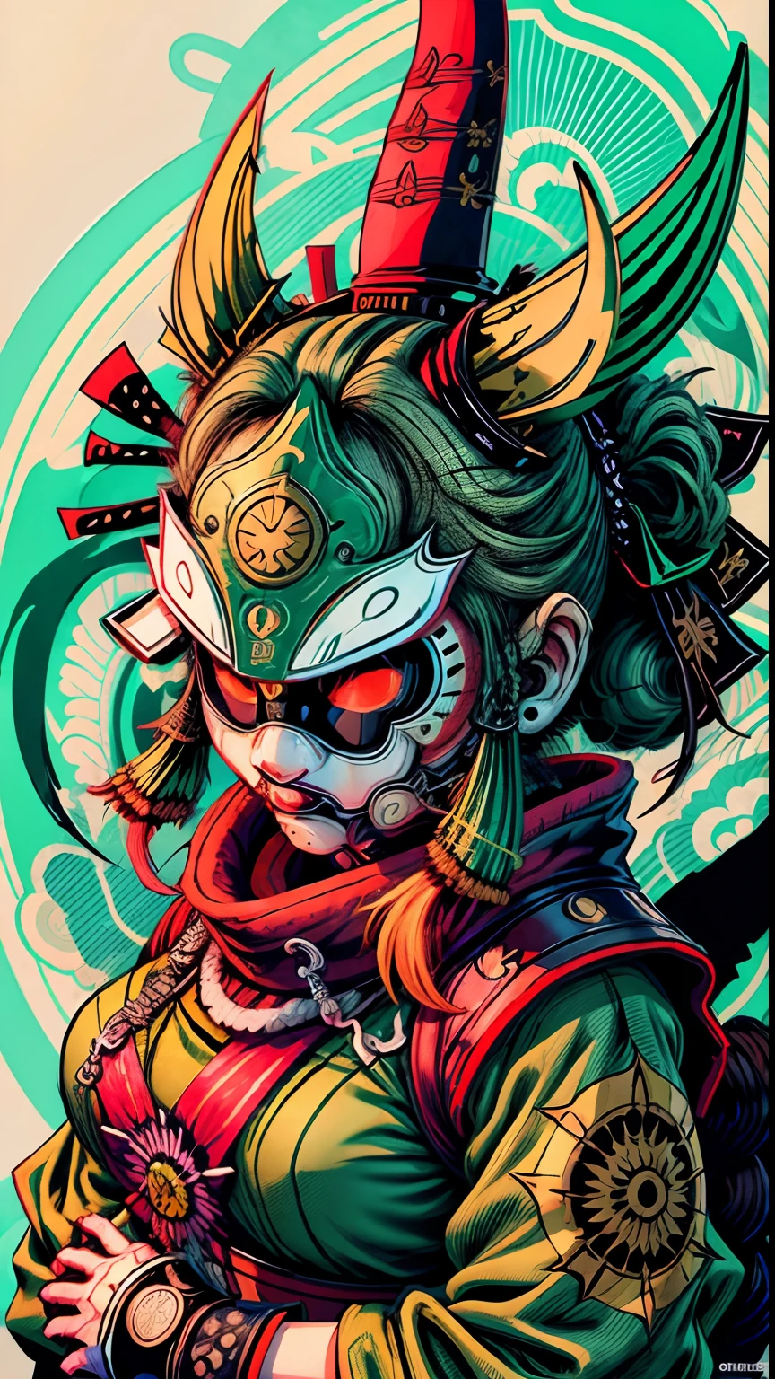 Female warrior Mask Style、illustrator、masterpiece、hightquality、8k、hight resolution、high-detail、japanse, green female Samurai, green color combinations