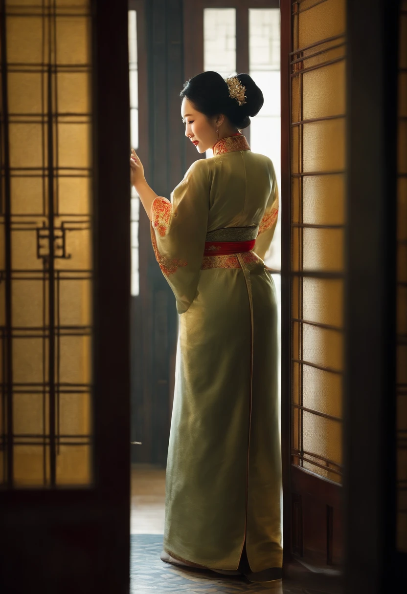 An elegant and intellectual classical Chinese woman, usando uma faixa da barriga, Standing at the door with a smile on his face, Your skin is more radiant than snow, and his eyes are like a puddle of clear water. There's a slight air of books.