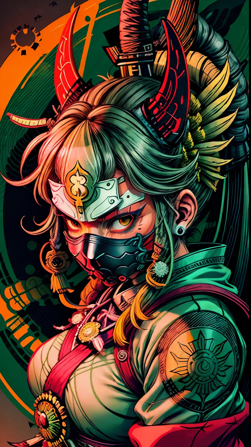 Female warrior Mask Style、illustrator、​masterpiece、hightquality、8k、hight resolution、high-detail、japanse, green female Samurai,  green color combinations