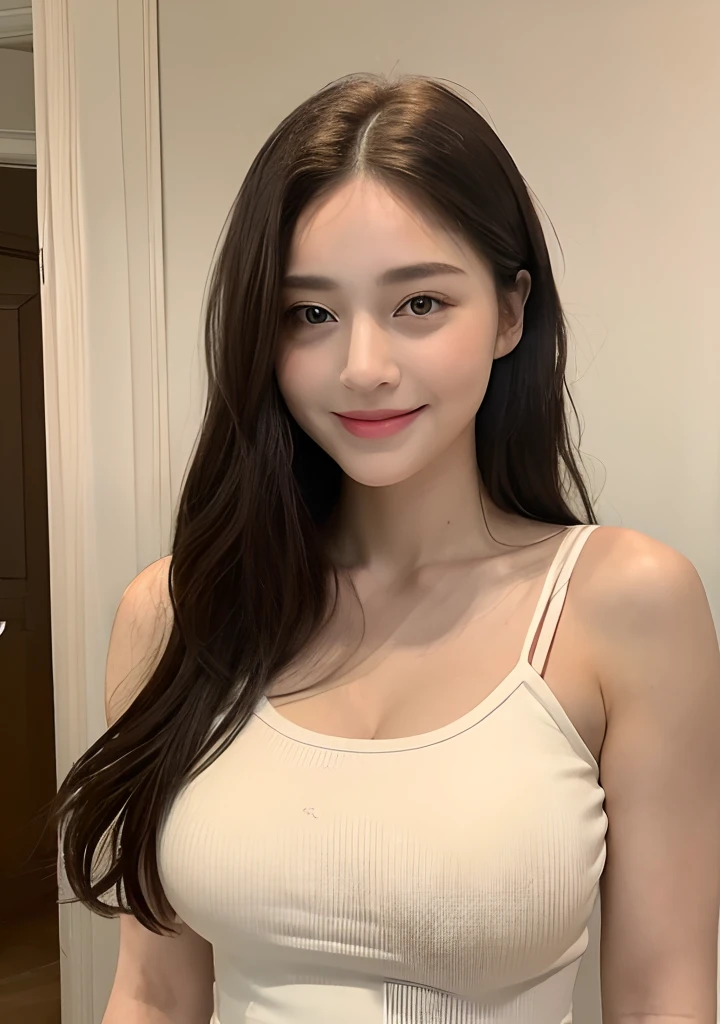 ((top-quality、8K、​masterpiece:1.3))、1girl in、Beautiful woman with plump abs emphasized:1.3、full body Esbian、(The long-haired、Colossal tits:1.2)、Oversized tank top:1.2、Super delicate face、Delicat eyes、二重まぶた、A smile that showed teeth、Home、Random color clothes、Show me your armpits、Looking at the camera、Big smile、Look here、perspiring、Look at me with my eyes wide open、Inviting feeling、sexly！