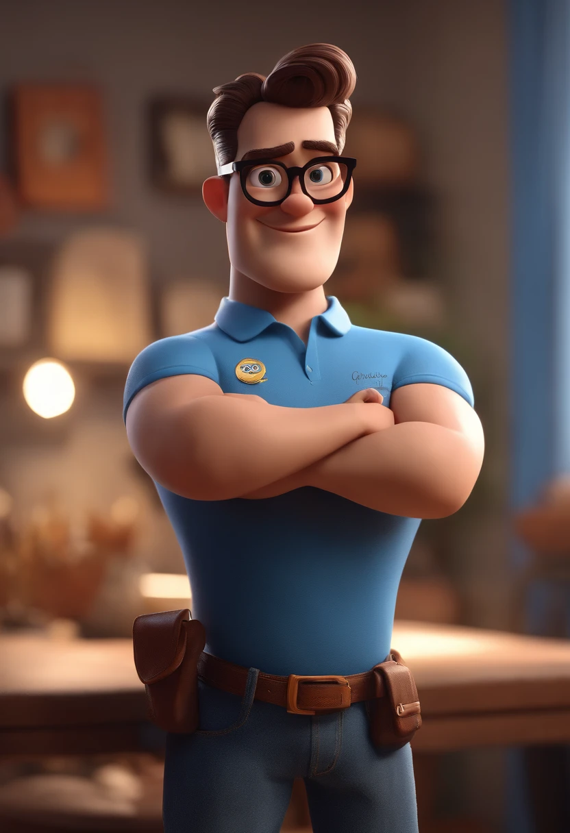 Cartoon character of a man with black glasses and a blue shirt, animation character, Caractere estilizado, animation style rendering, 3D estilizado, Arnold Maya render, 3 d render stylized, toon render keyshot, Personagem 3D, Personagem 3D, 3d rendering stylized, 3 d character render, personagem de desenho animado, Personagem de close up, Pose de personagem, (Estilo Pixar) (master part:1.2) (Bokeh) (best quality) (pele detalhada) (textura detalhada) (8k) (argila) (Cinematic lighting) (foco nítido