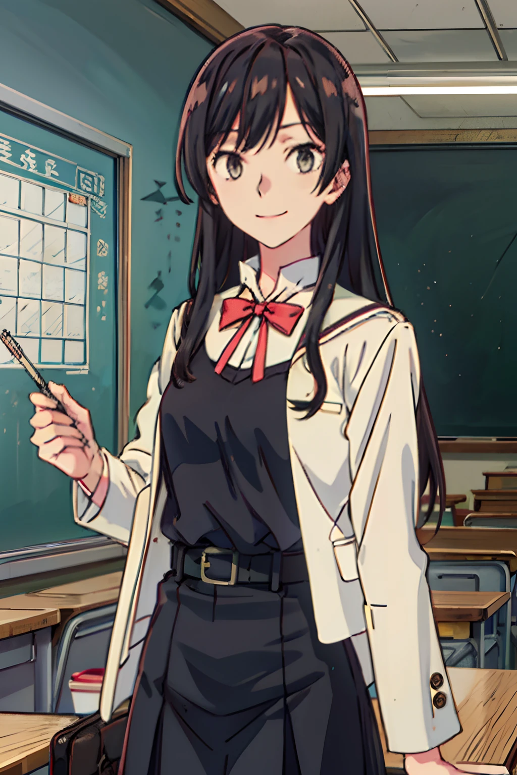 ((masterpiece,best quality)), highres, extremely detailed 8K wallpaper, depth_of_field, cowboy shot, solo, 1girl, (nanami_touko_yagatekimininaru, long hair, black hair, gray eyes:1.4), smile, slender, skinny, medium breasts, bangs, , school uniform, white sailor collar, brown jacket, brown sleeves, red bow, red ribbon, black shirt, belt, classroom, night,