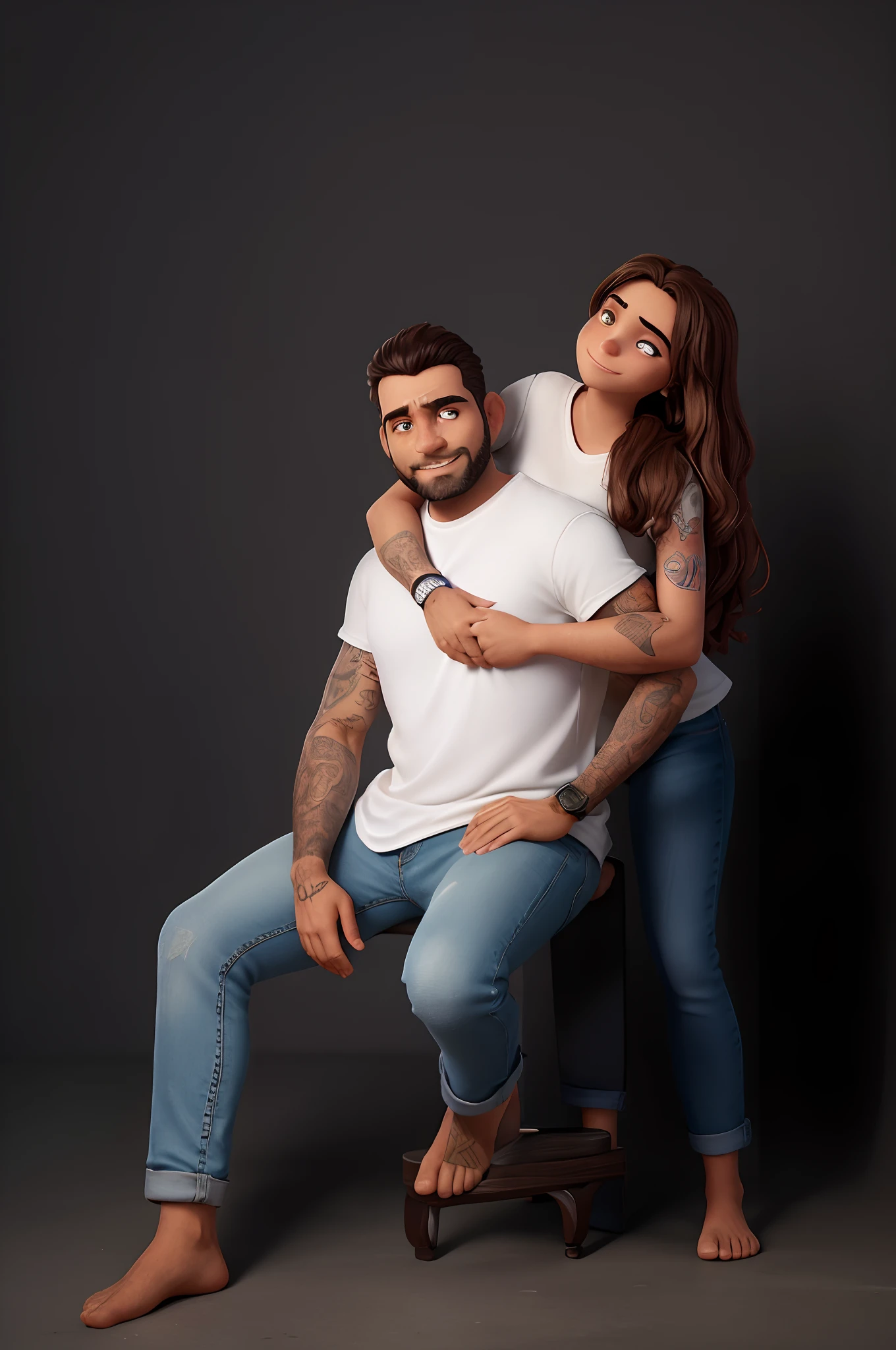 Arte em alta qualidade de: Na imagem, temos um homem e uma mulher em uma pose afetuosa sobre um banquinho. the man is sitting, com uma perna cruzada sobre a outra, displaying tattoos that cover both arms and extend to the hands and fingers. Ele tem cabelo curto e bem aparado, uma barba rala e um sorriso contido. Wears a simple white t-shirt and light-colored jeans. A mulher, Standing behind him, He leans on the man with one arm on his shoulder and the other wrapped around his chest. She also has visible tattoos on her right arm, only which rests on his shoulder and sports long light brown hair, soltos e ligeiramente ondulados. Ambos usam jeans e camisetas brancas, And they're barefoot. The background is neutral and dark, proporcionando um forte contraste com os sujeitos e suas vestimentas claras. Their faces are smooth, sem nenhum galo na testa.